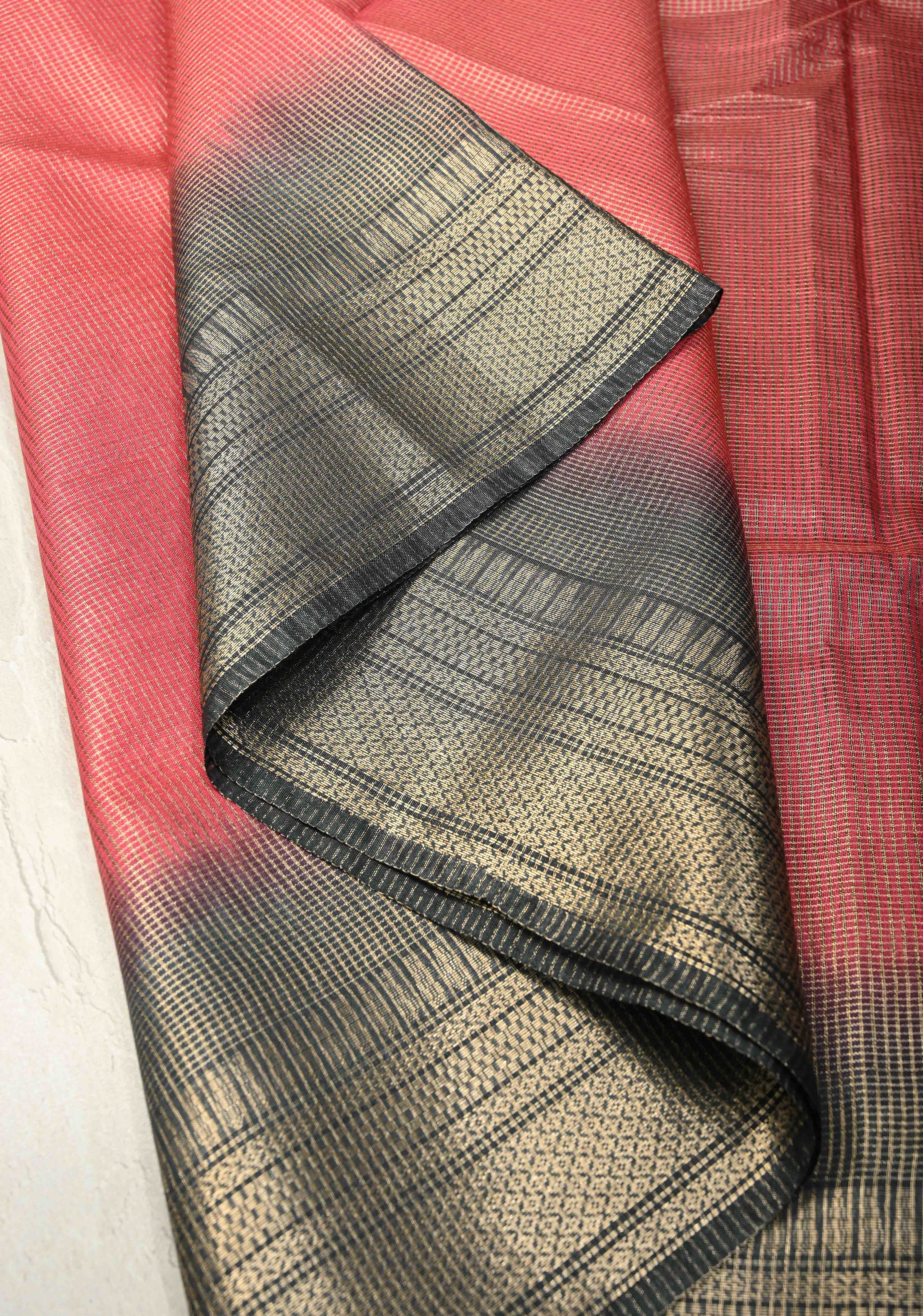 Watermelon Pink Semi Tussar Tissue Saree with Contrast Zari Border and Pallu | Shobitam