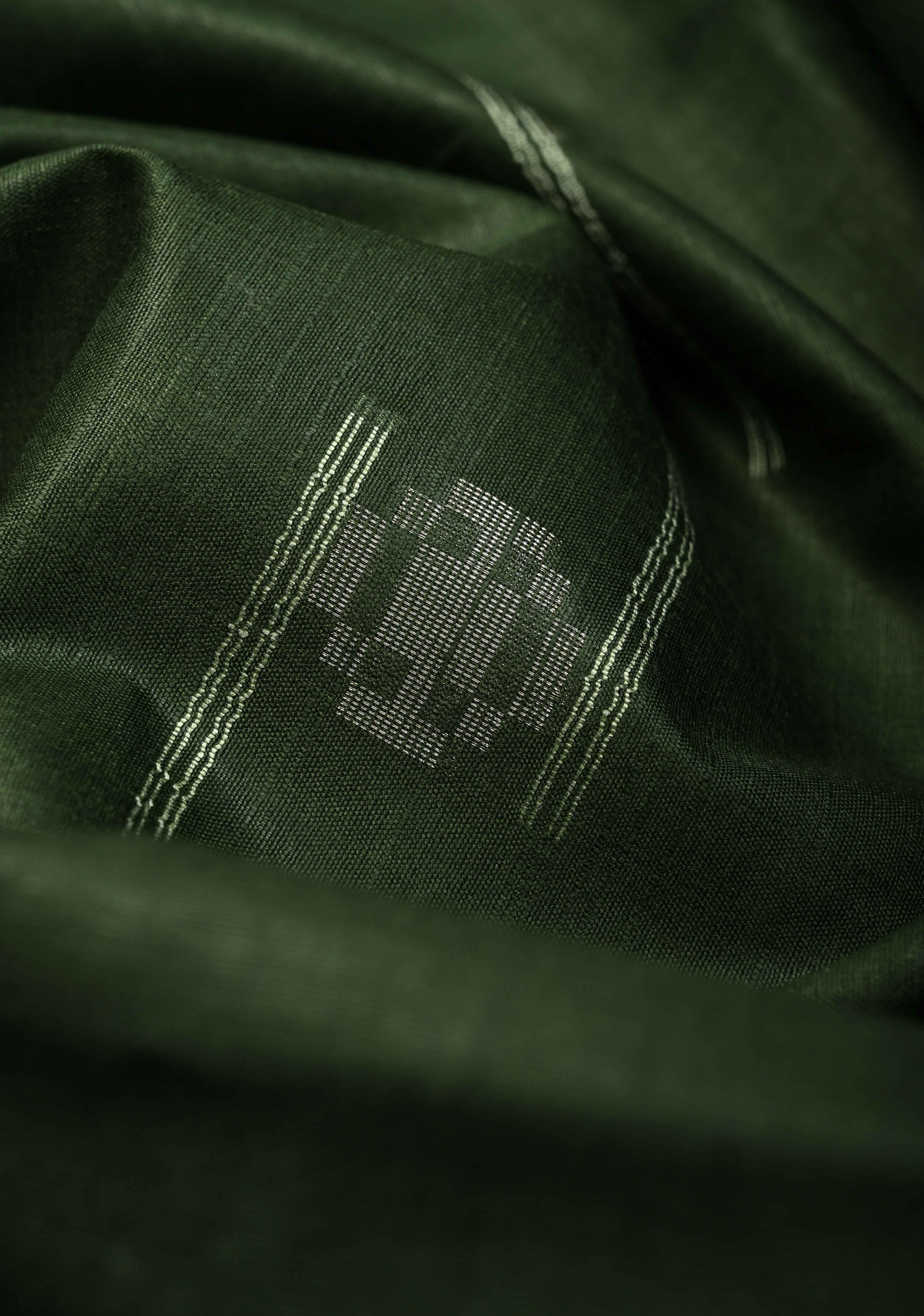 Hunter Green Borderless Semi Tussar Saree with Thread and Zari Buttas | Shobitam