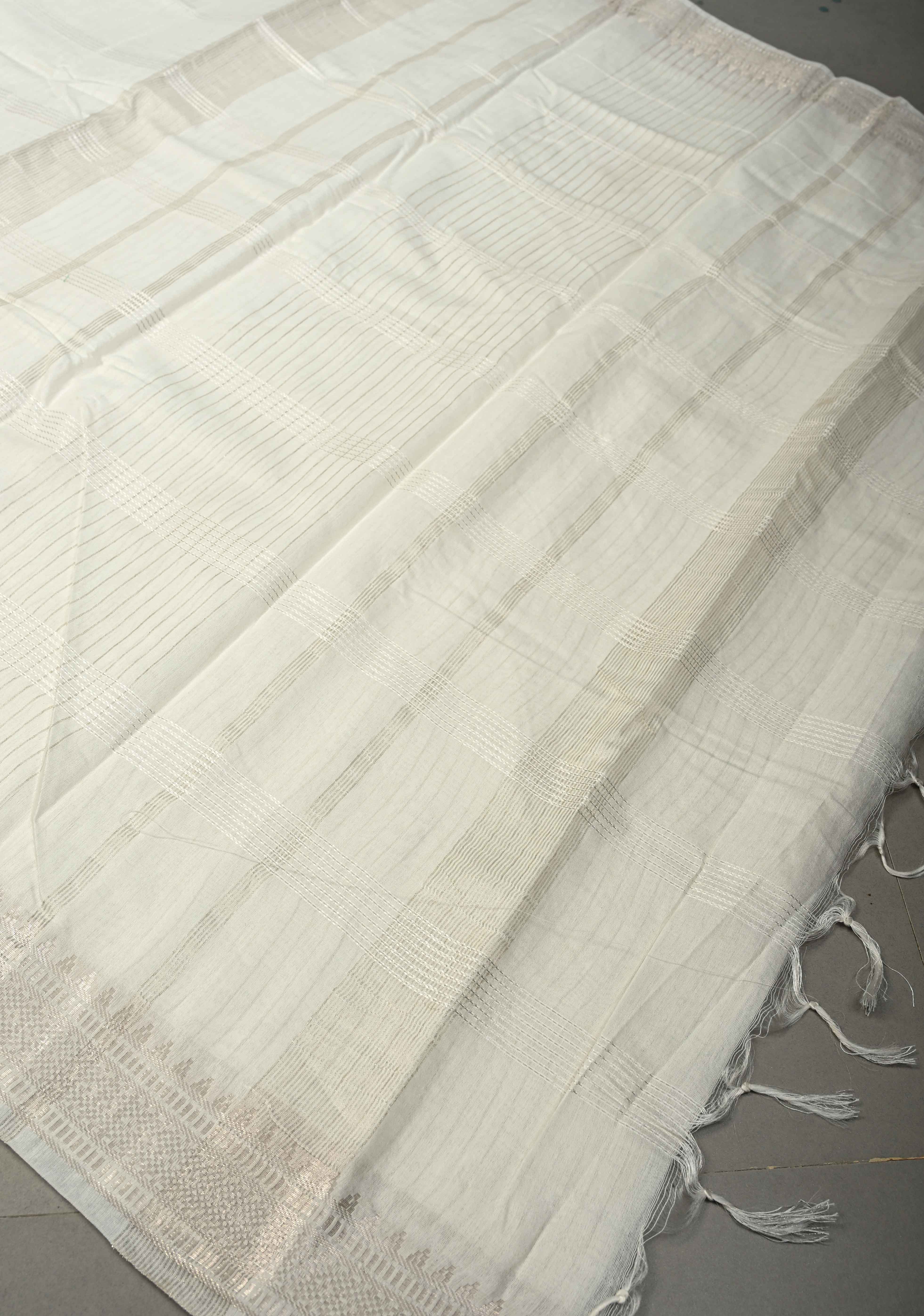 White Semi Tussar Saree with Horizontal Zari-Thread Stripes and Zari Borders | Shobitam