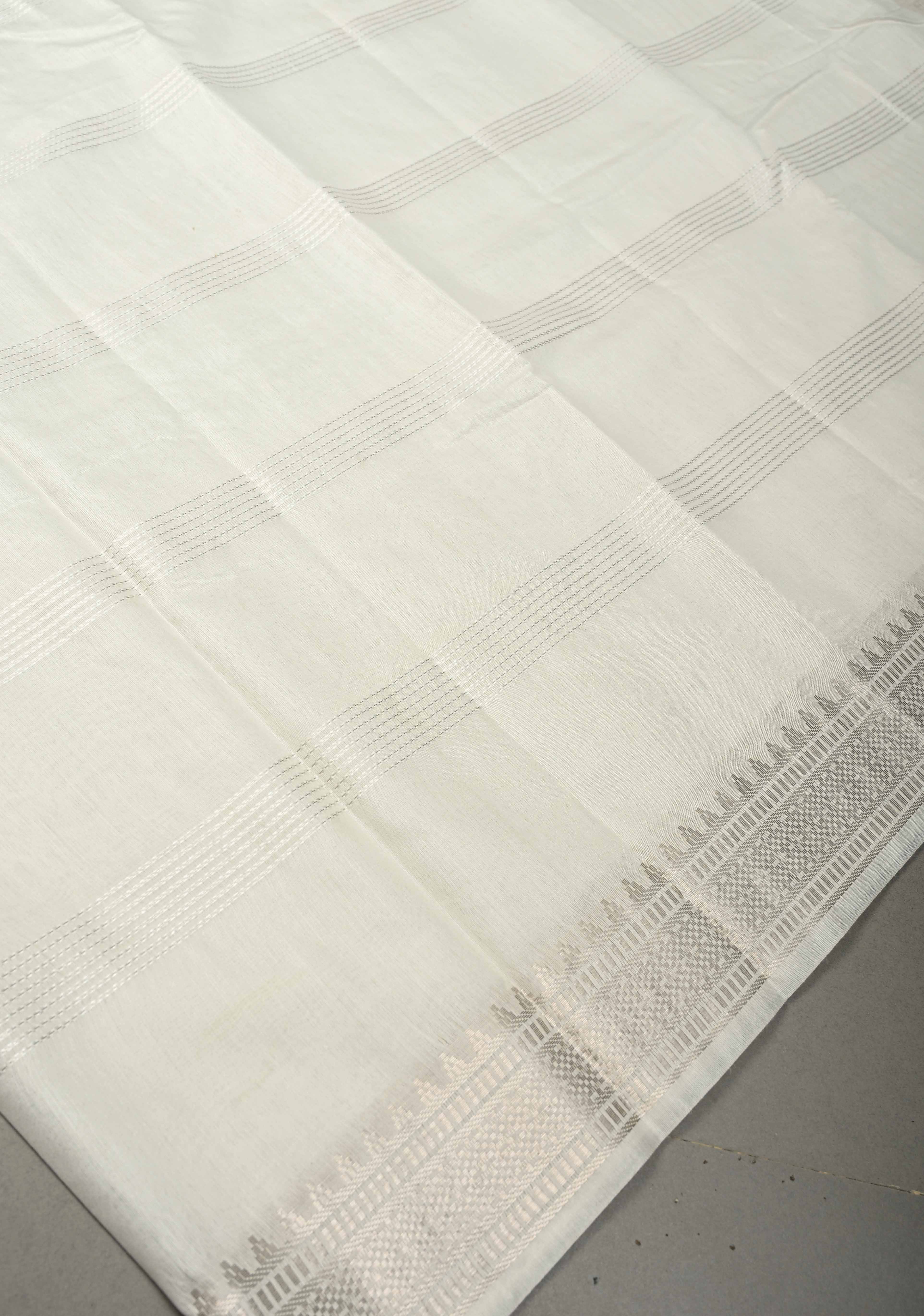 White Semi Tussar Saree with Horizontal Zari-Thread Stripes and Zari Borders | Shobitam