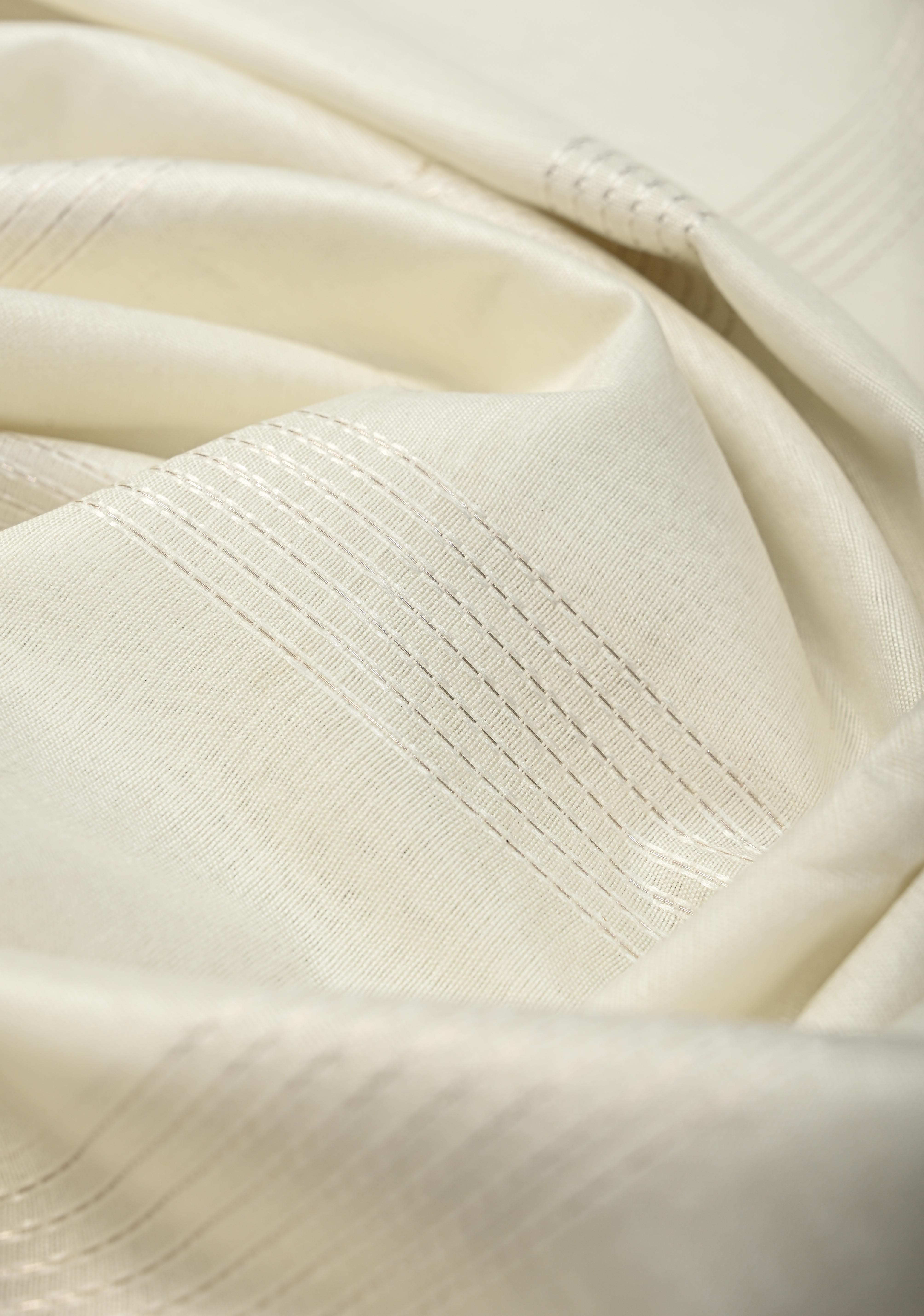 White Semi Tussar Saree with Horizontal Zari-Thread Stripes and Zari Borders | Shobitam