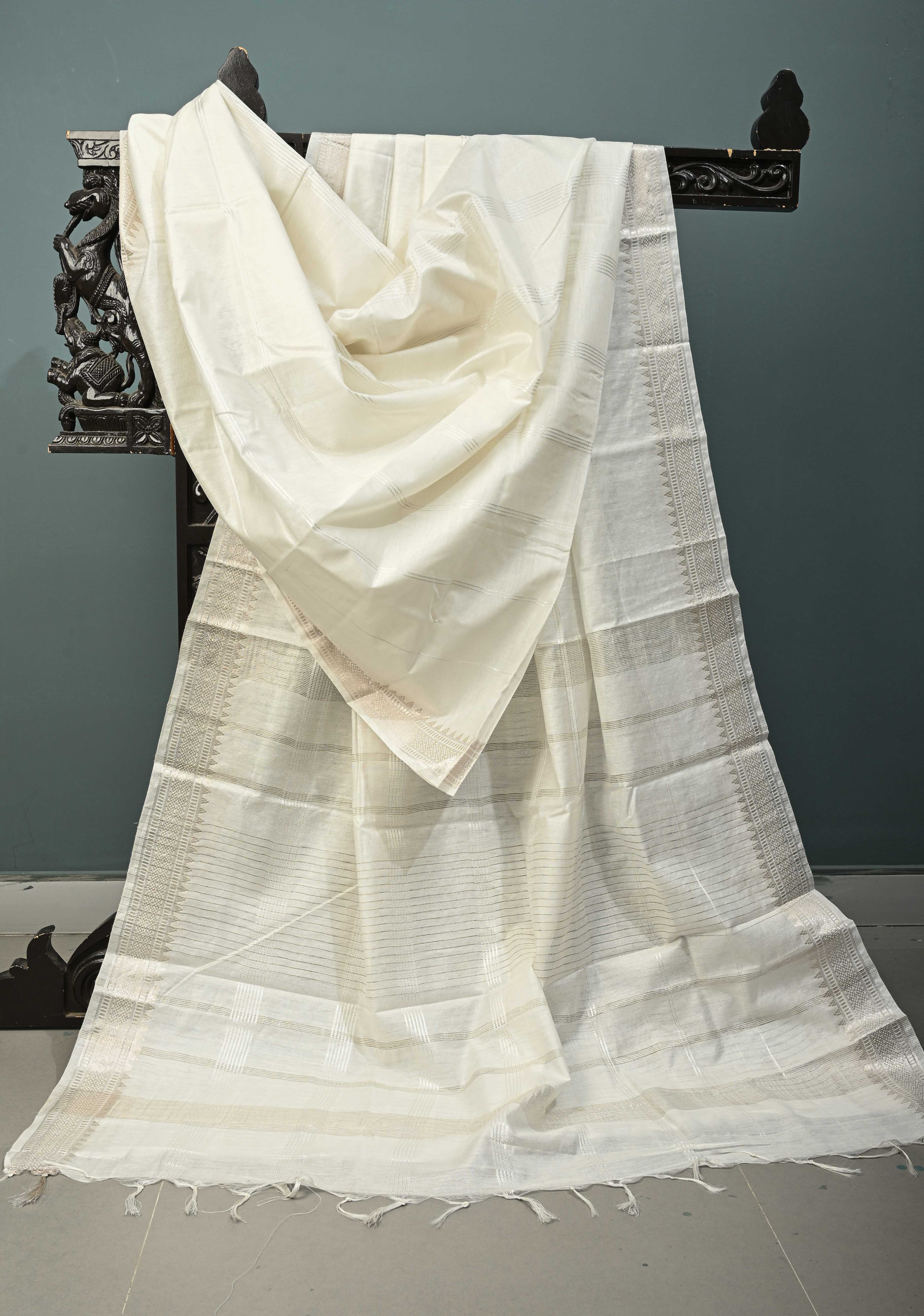 White Semi Tussar Saree with Horizontal Zari-Thread Stripes and Zari Borders | Shobitam