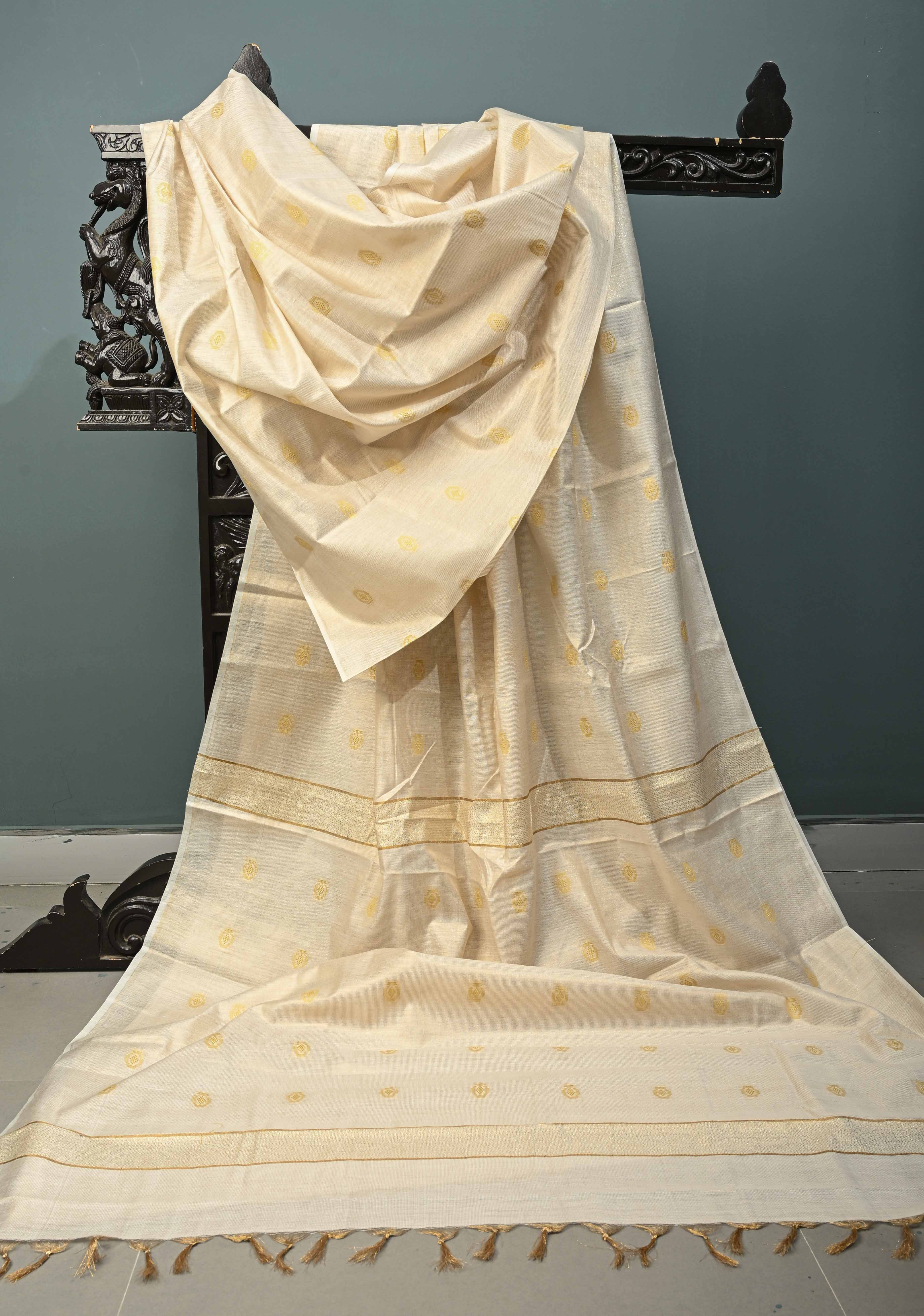Ivory Borderless Semi Tussar Tissue Saree with Thread Buttas | Shobitam