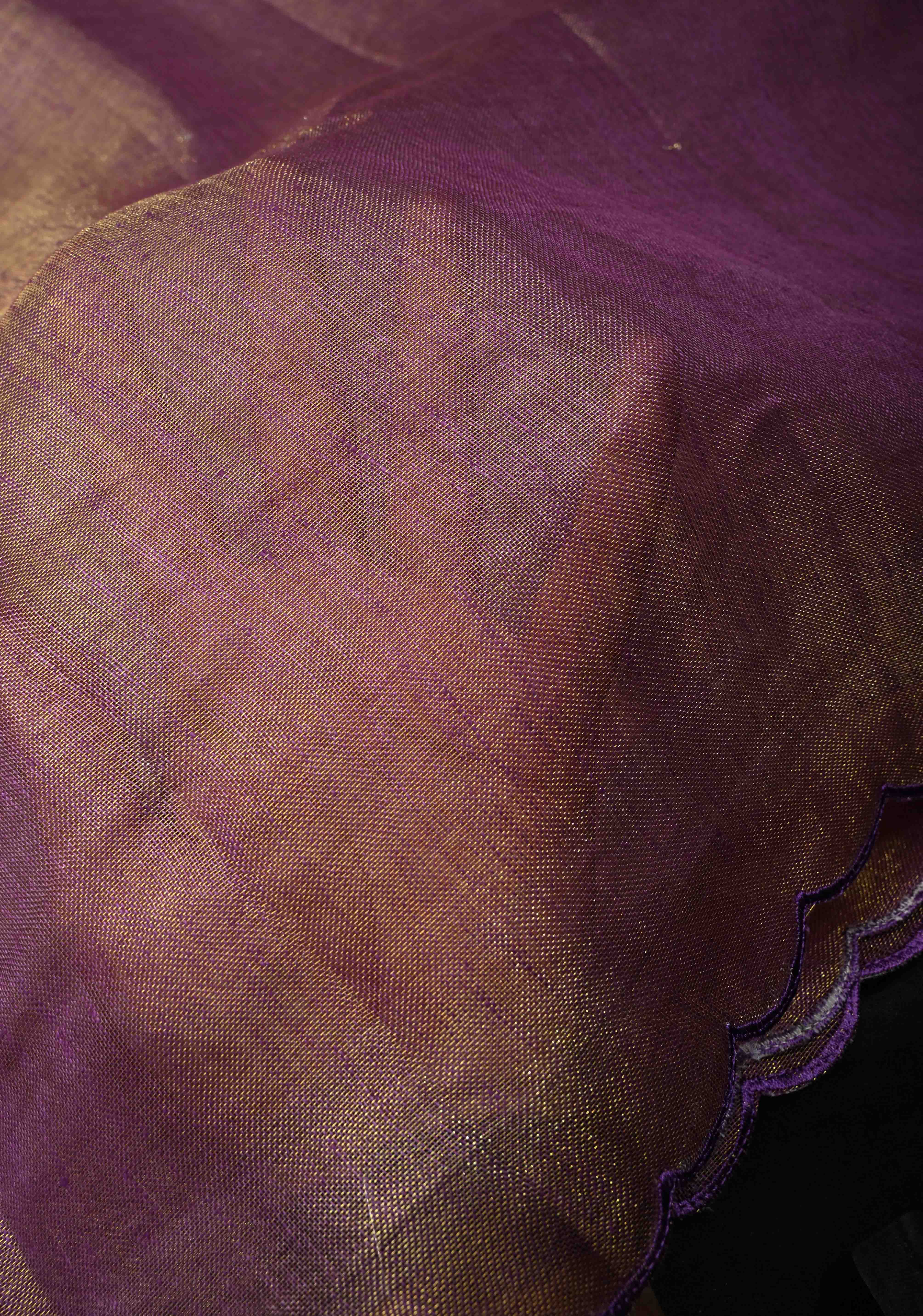 Soft Lavender Purple Tissue Linen Saree with Scallop Border | Shobitam