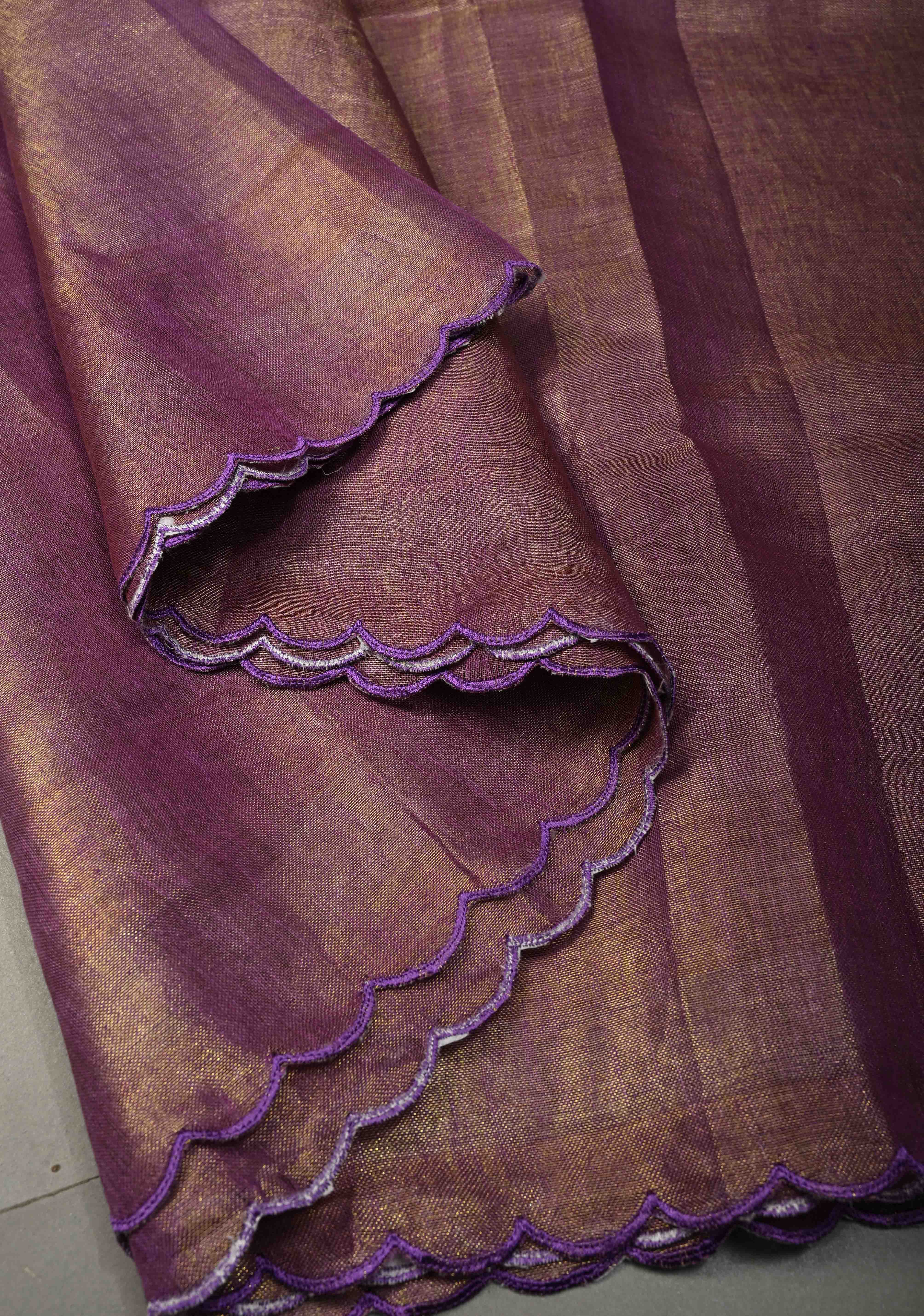 Soft Lavender Purple Tissue Linen Saree with Scallop Border | Shobitam