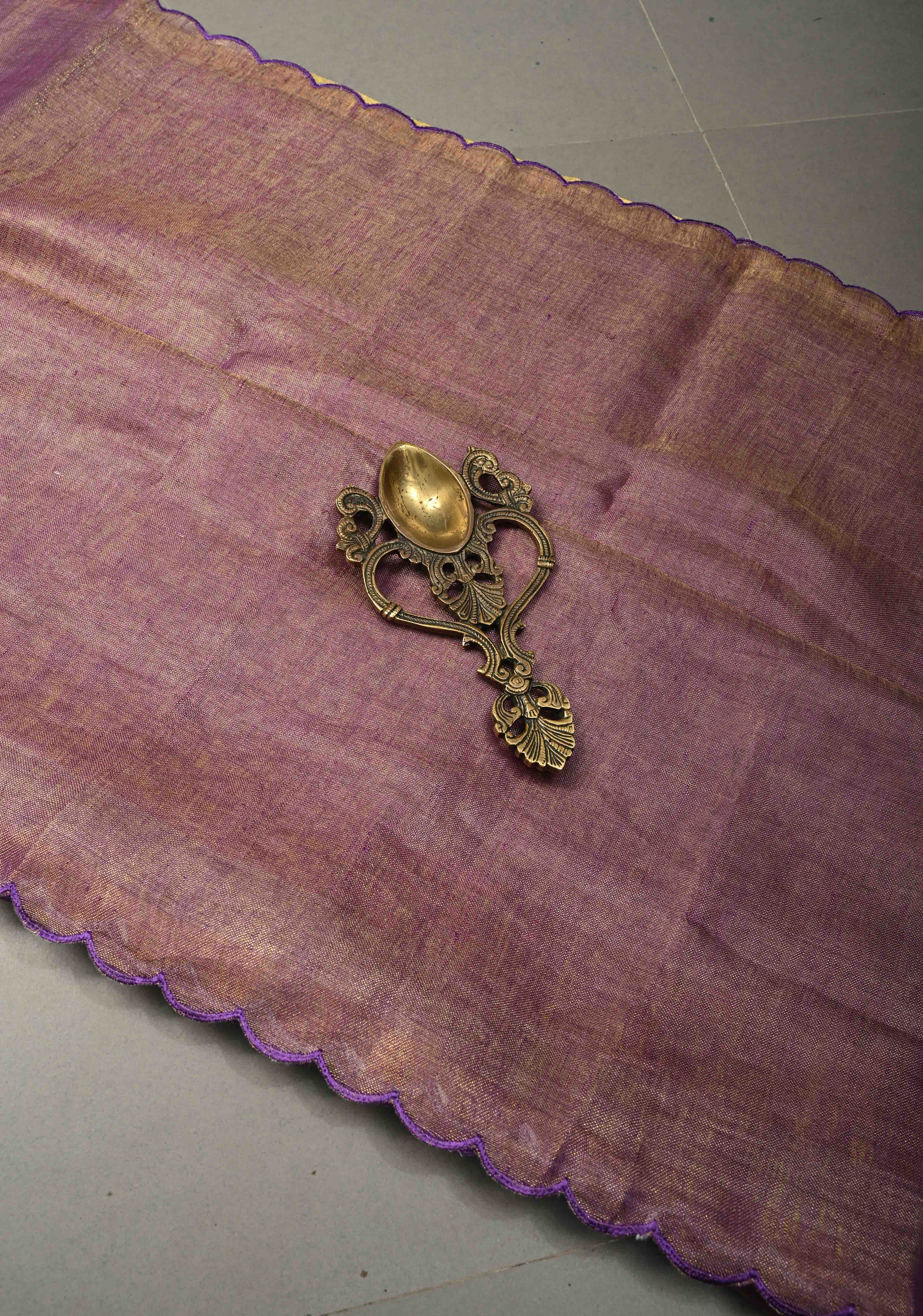 Soft Lavender Purple Tissue Linen Saree with Scallop Border | Shobitam