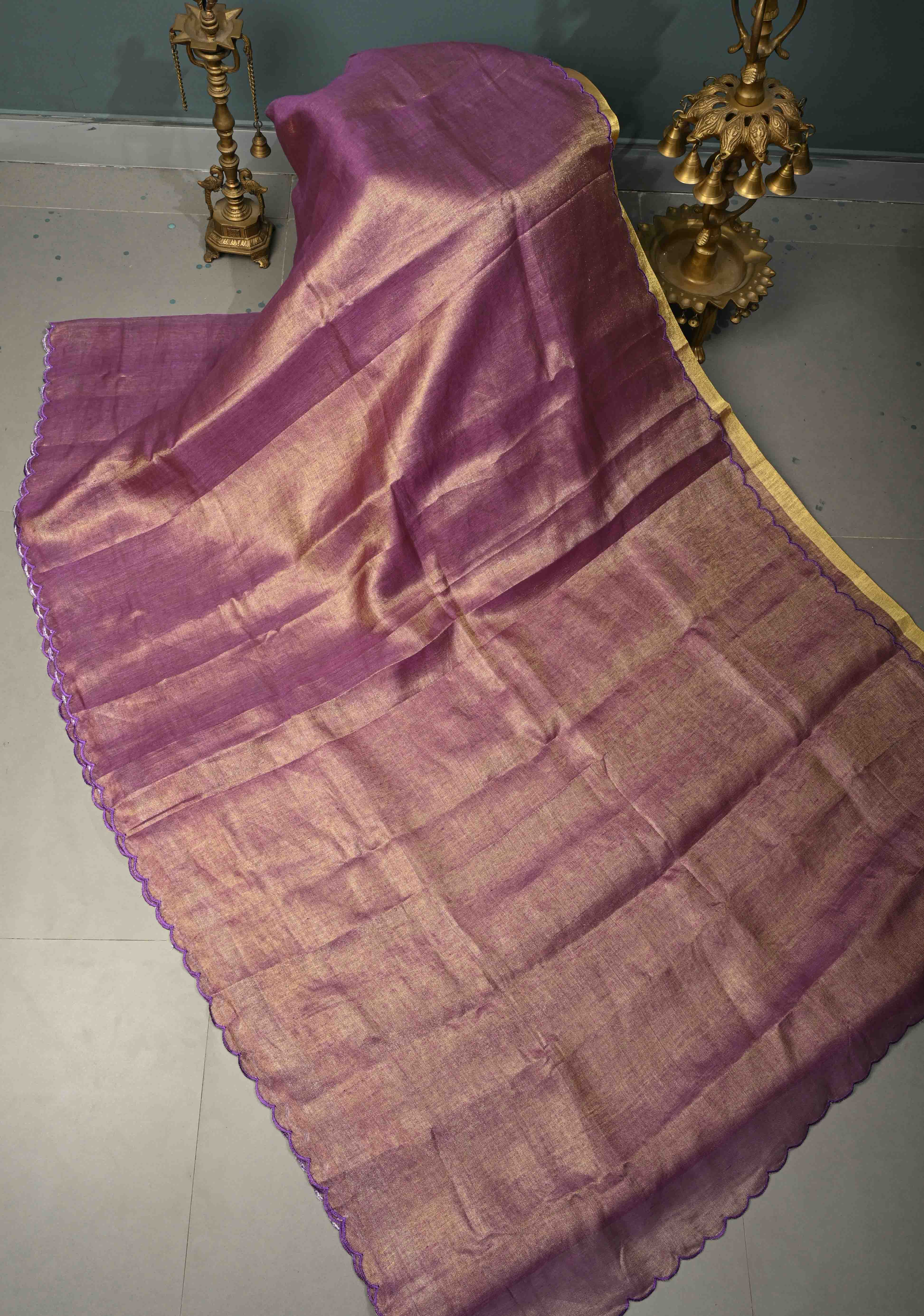 Soft Lavender Purple Tissue Linen Saree with Scallop Border | Shobitam