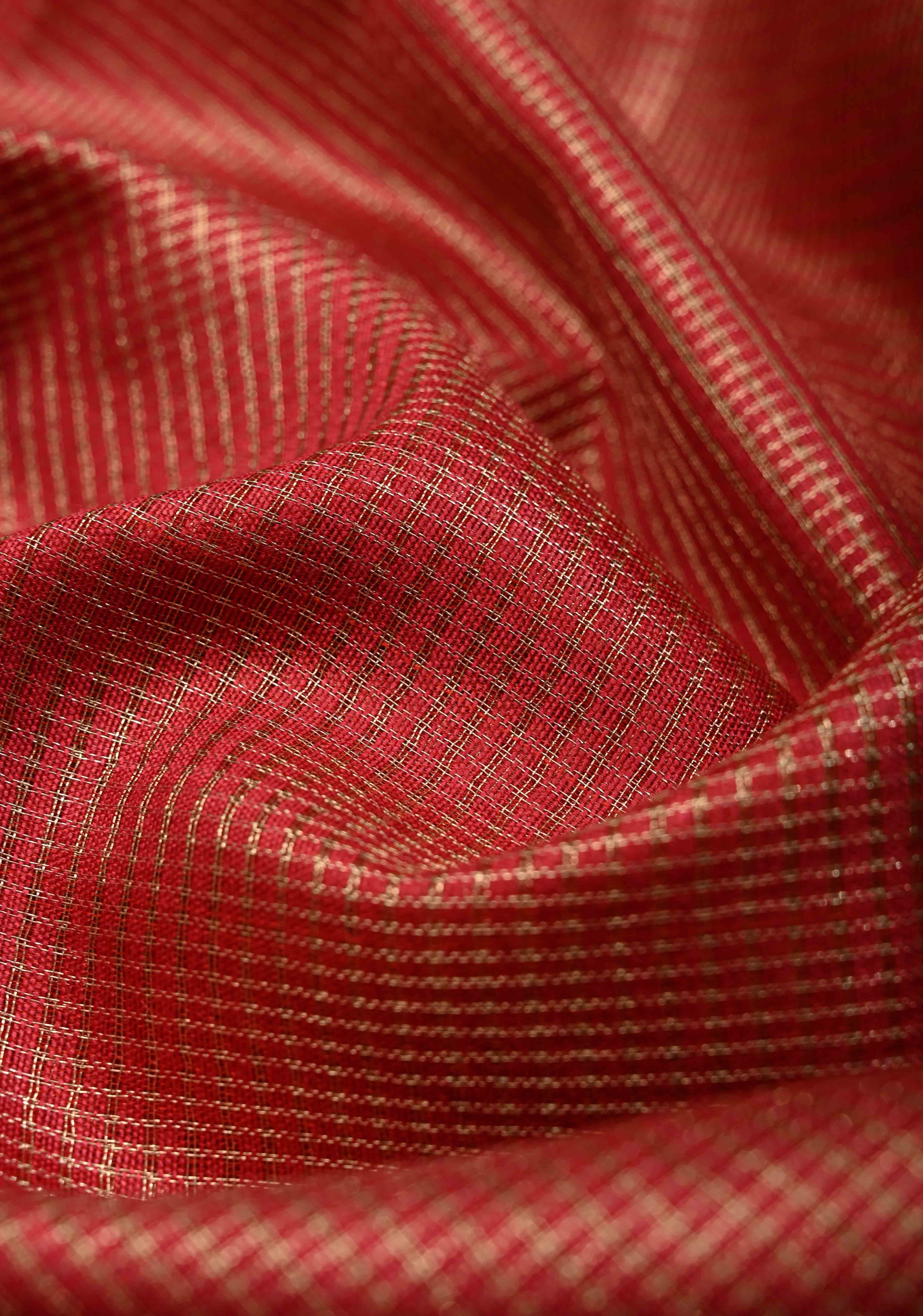 Dark Red Semi Tussar Tissue Saree with Zari Checks and Zari Border | Shobitam