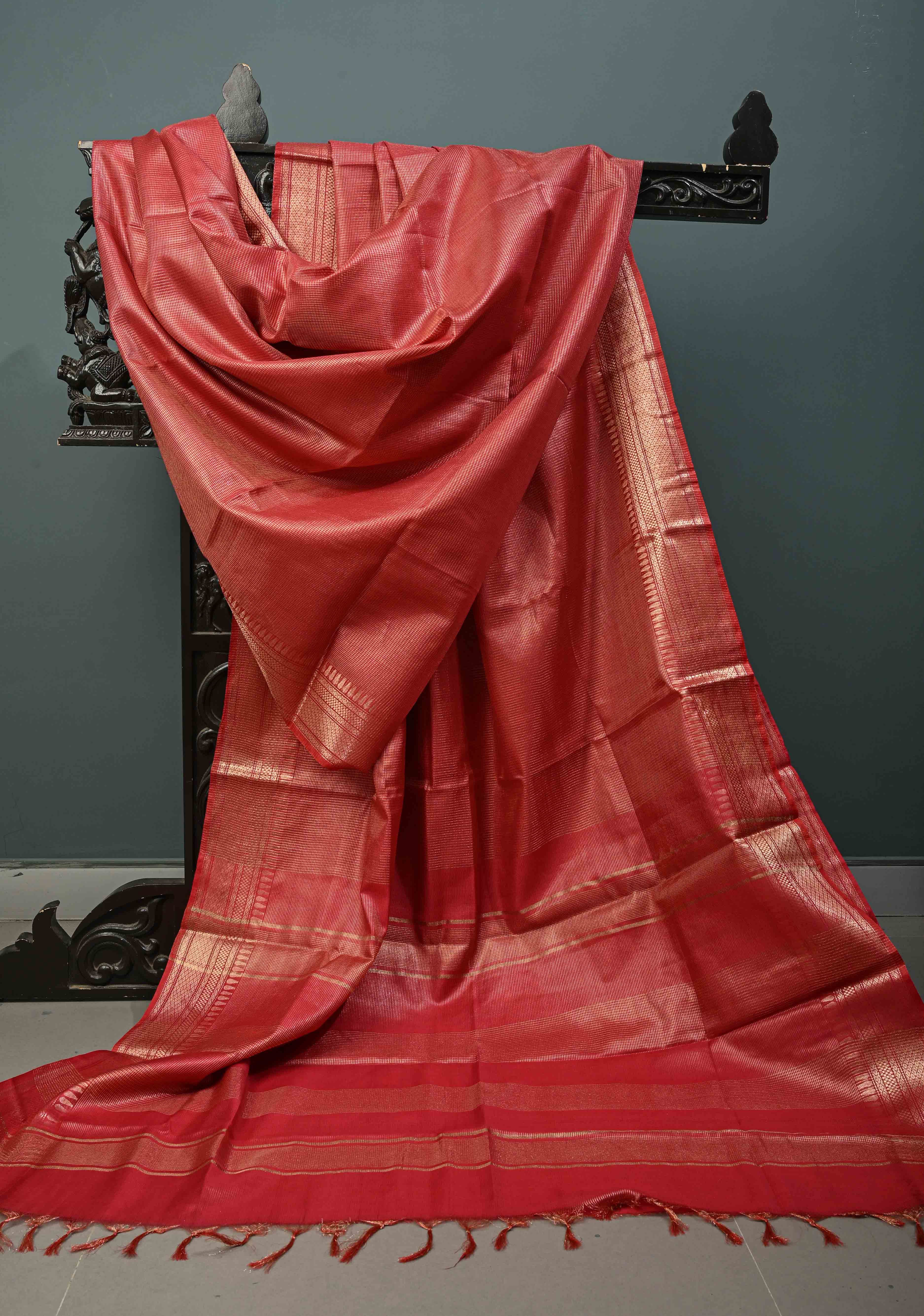 Dark Red Semi Tussar Tissue Saree with Zari Checks and Zari Border | Shobitam