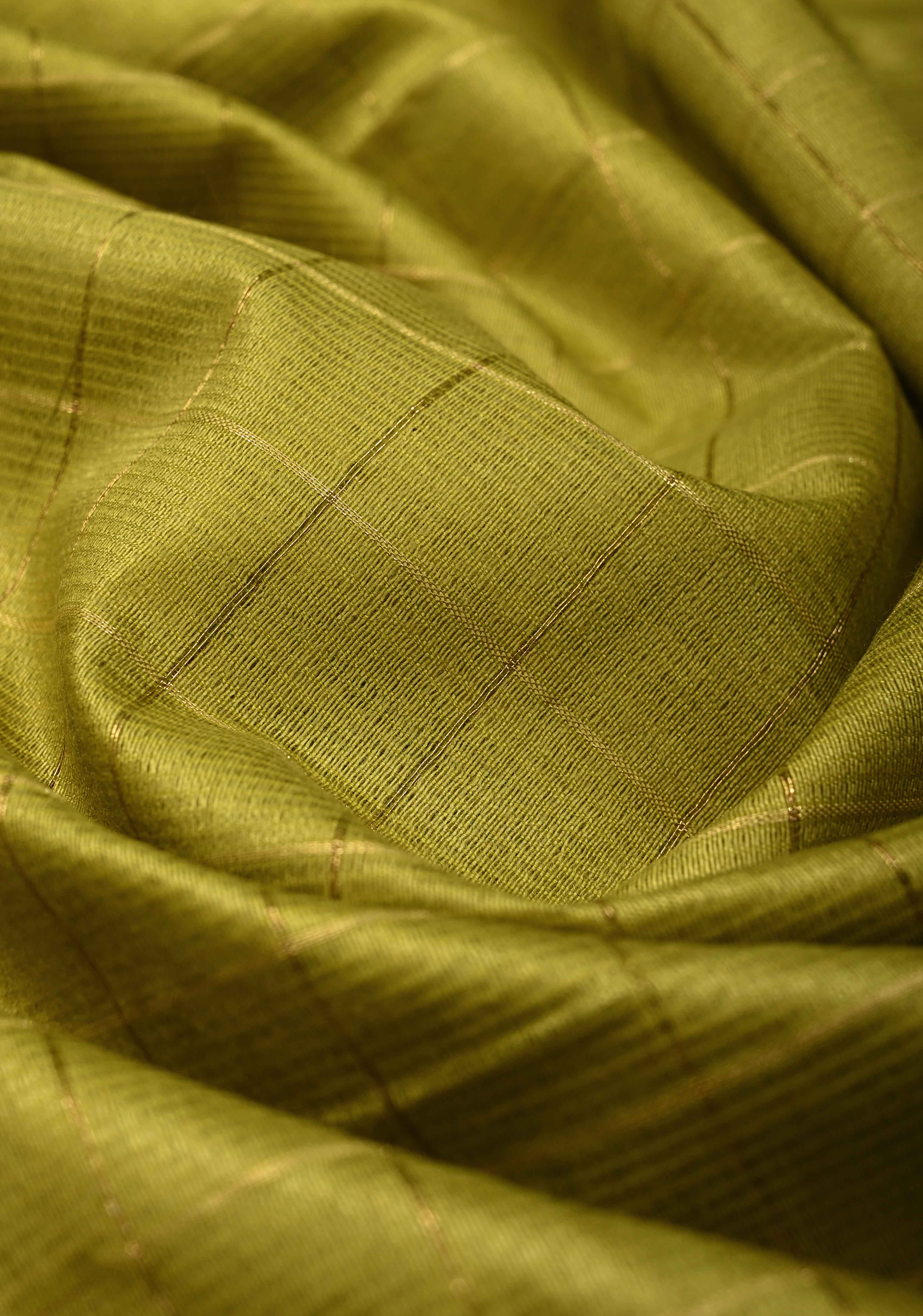 Chartreuse Semi Tussar Saree with Zari Checks and Zari Border | Shobitam