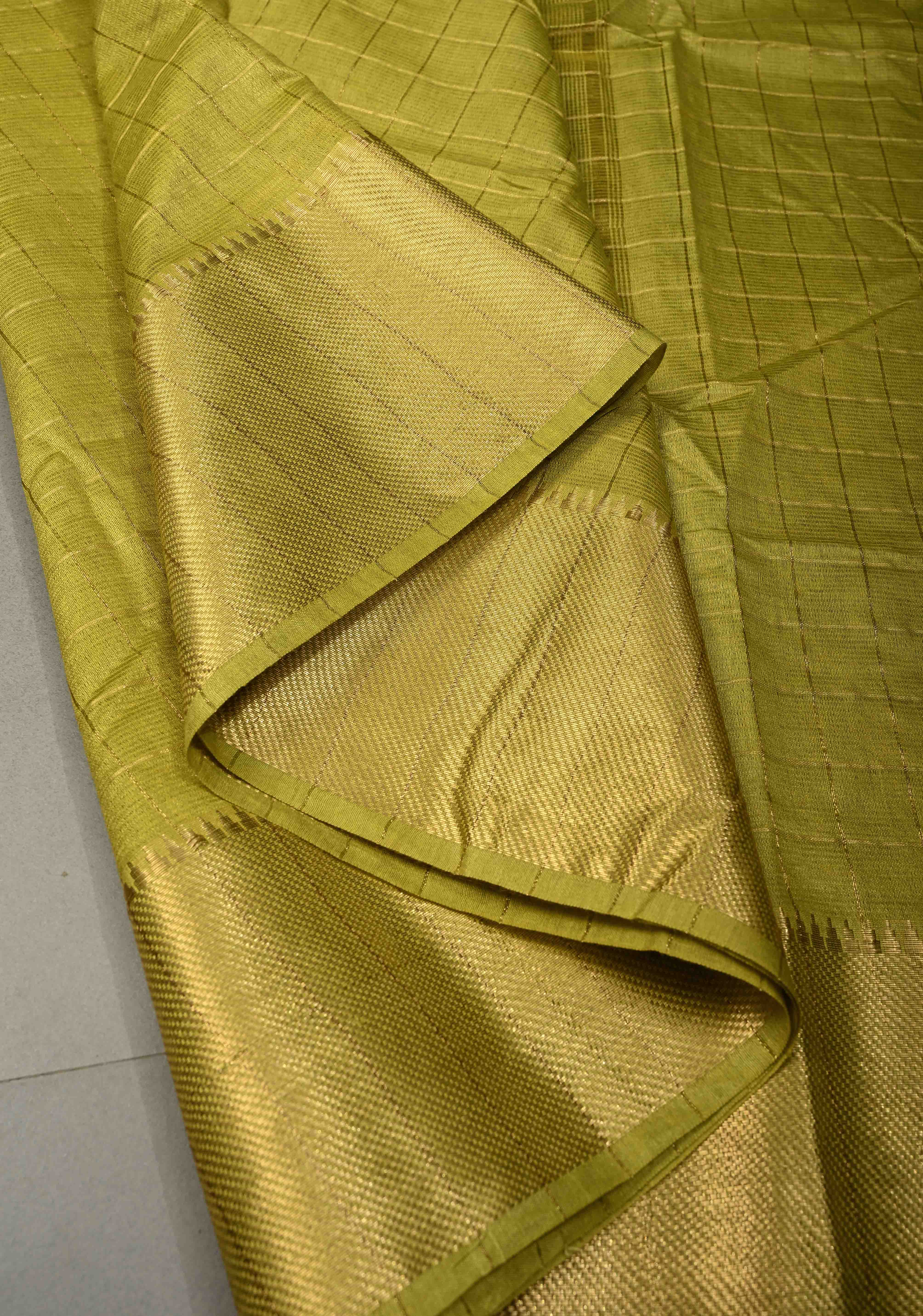 Chartreuse Semi Tussar Saree with Zari Checks and Zari Border | Shobitam
