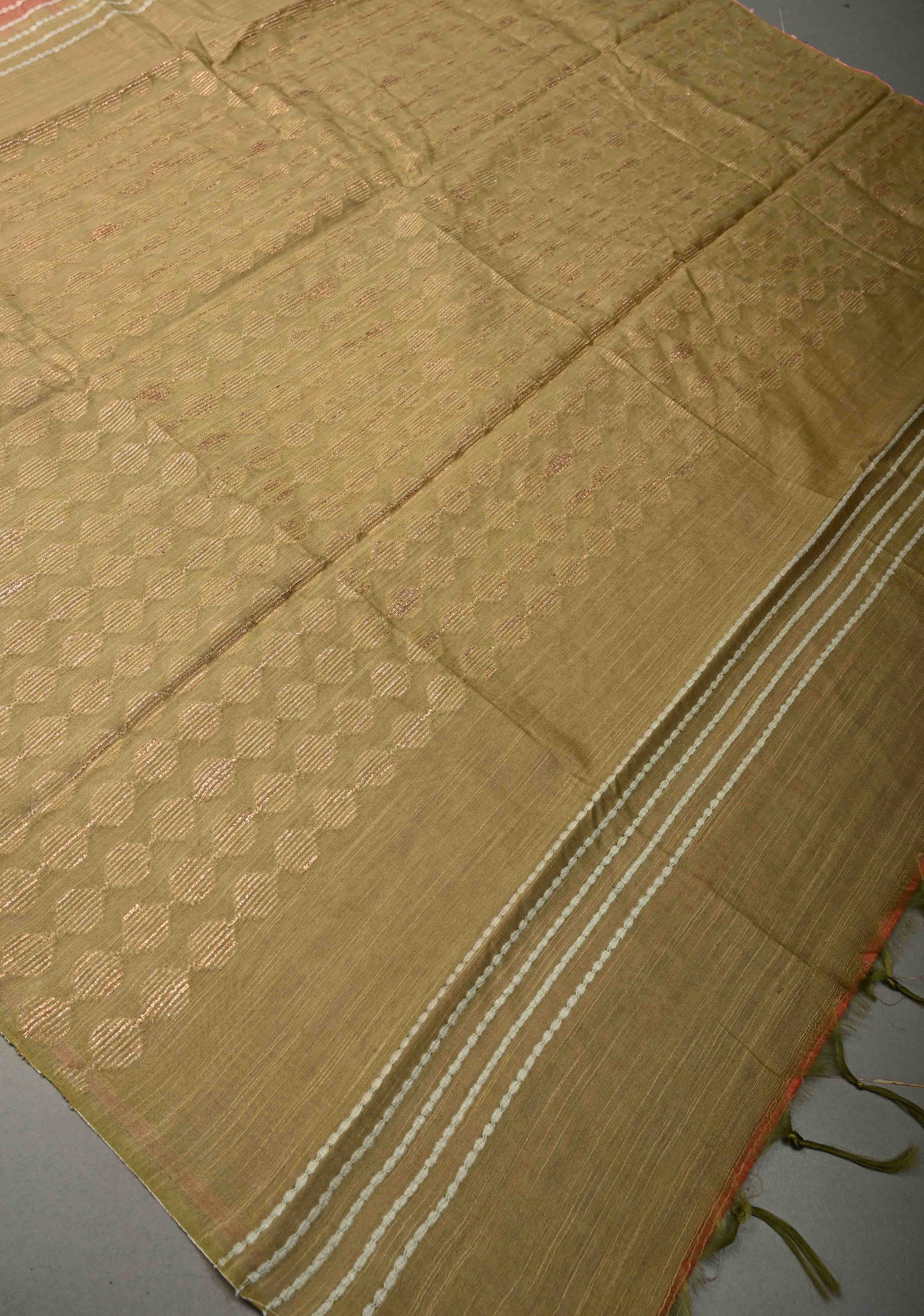 Coral Pink Borderless Semi Tussar Saree with Thread Horizontal Stripes and Contrast Pallu | Shobitam