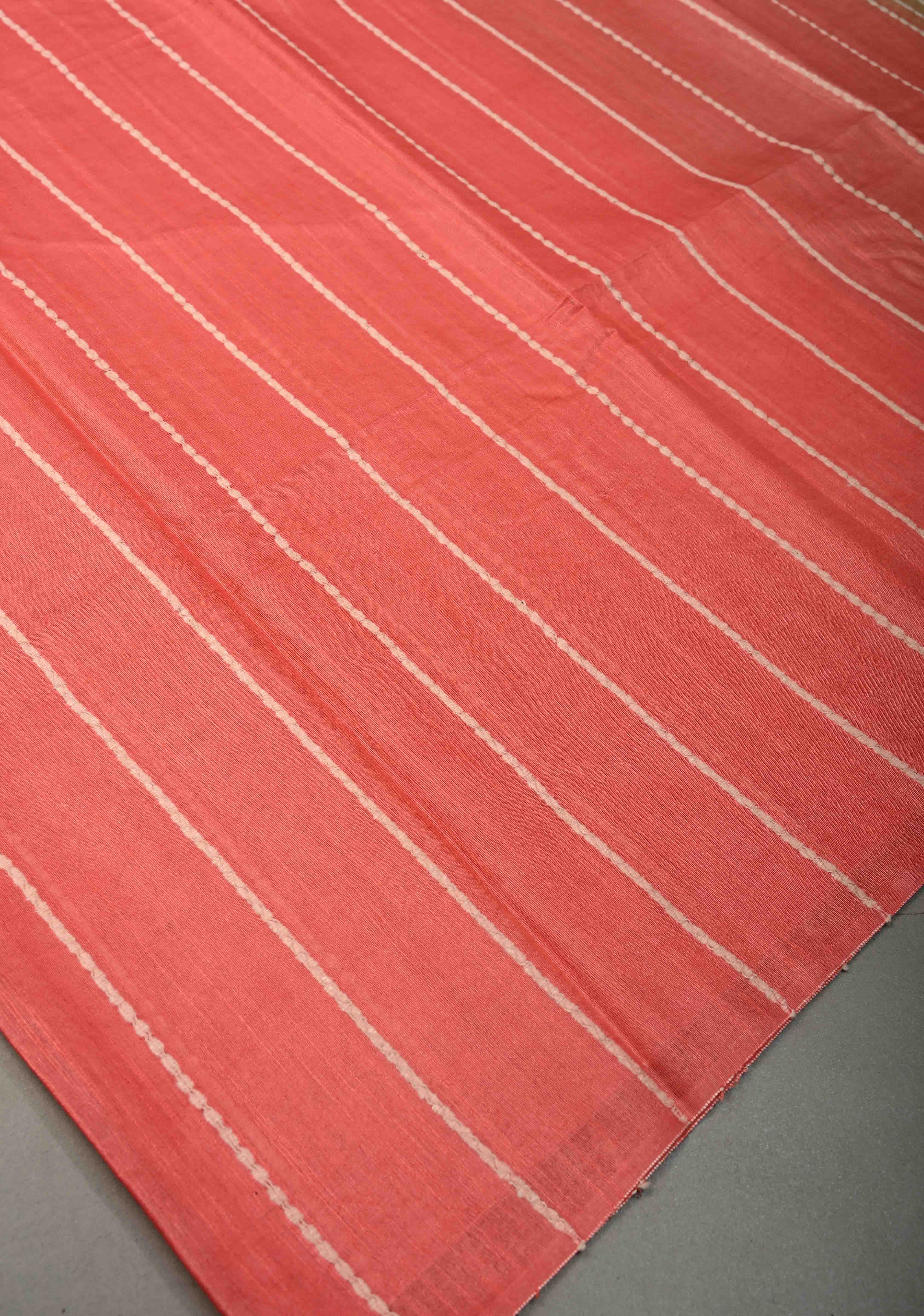 Coral Pink Borderless Semi Tussar Saree with Thread Horizontal Stripes and Contrast Pallu | Shobitam