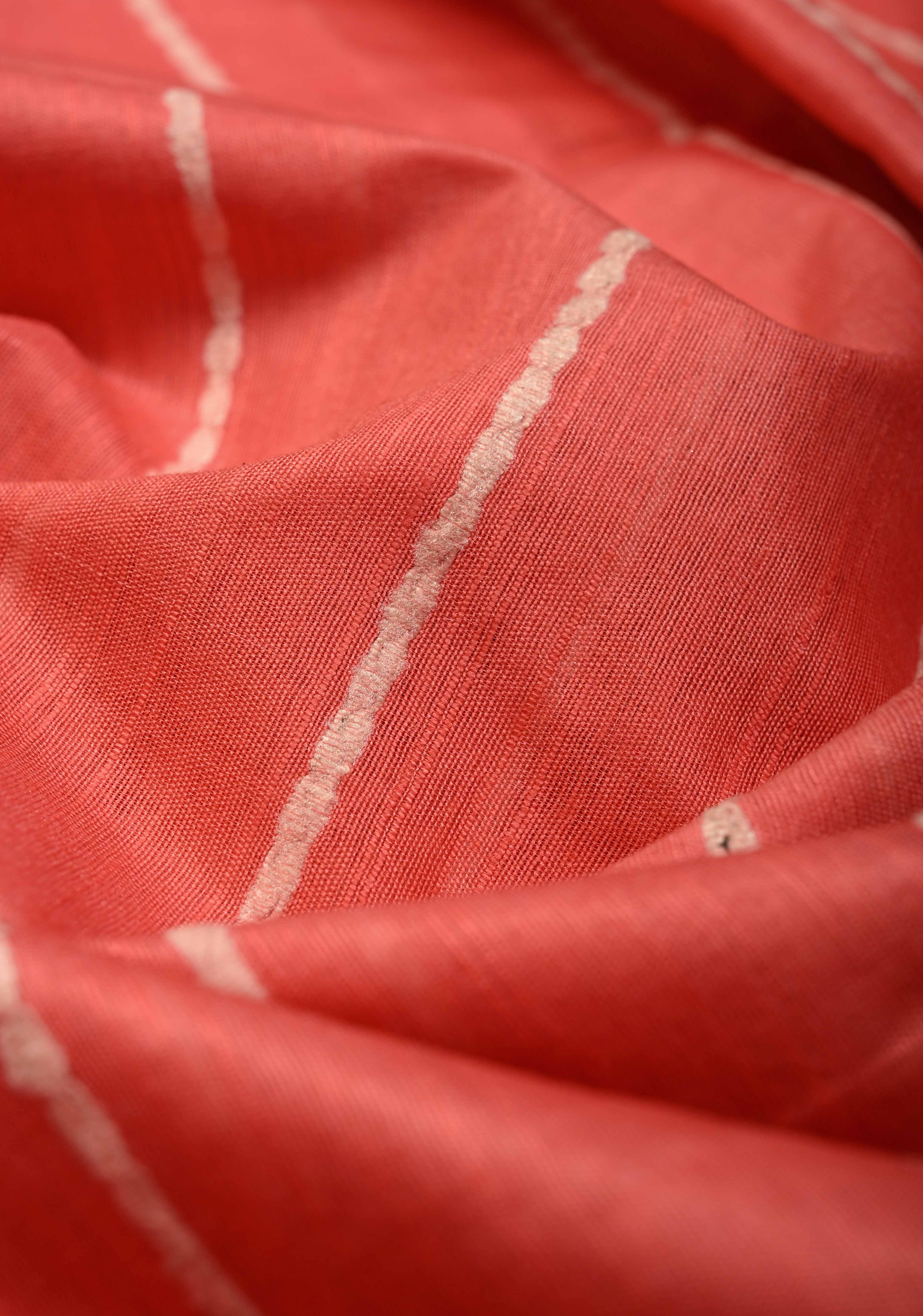 Coral Pink Borderless Semi Tussar Saree with Thread Horizontal Stripes and Contrast Pallu | Shobitam