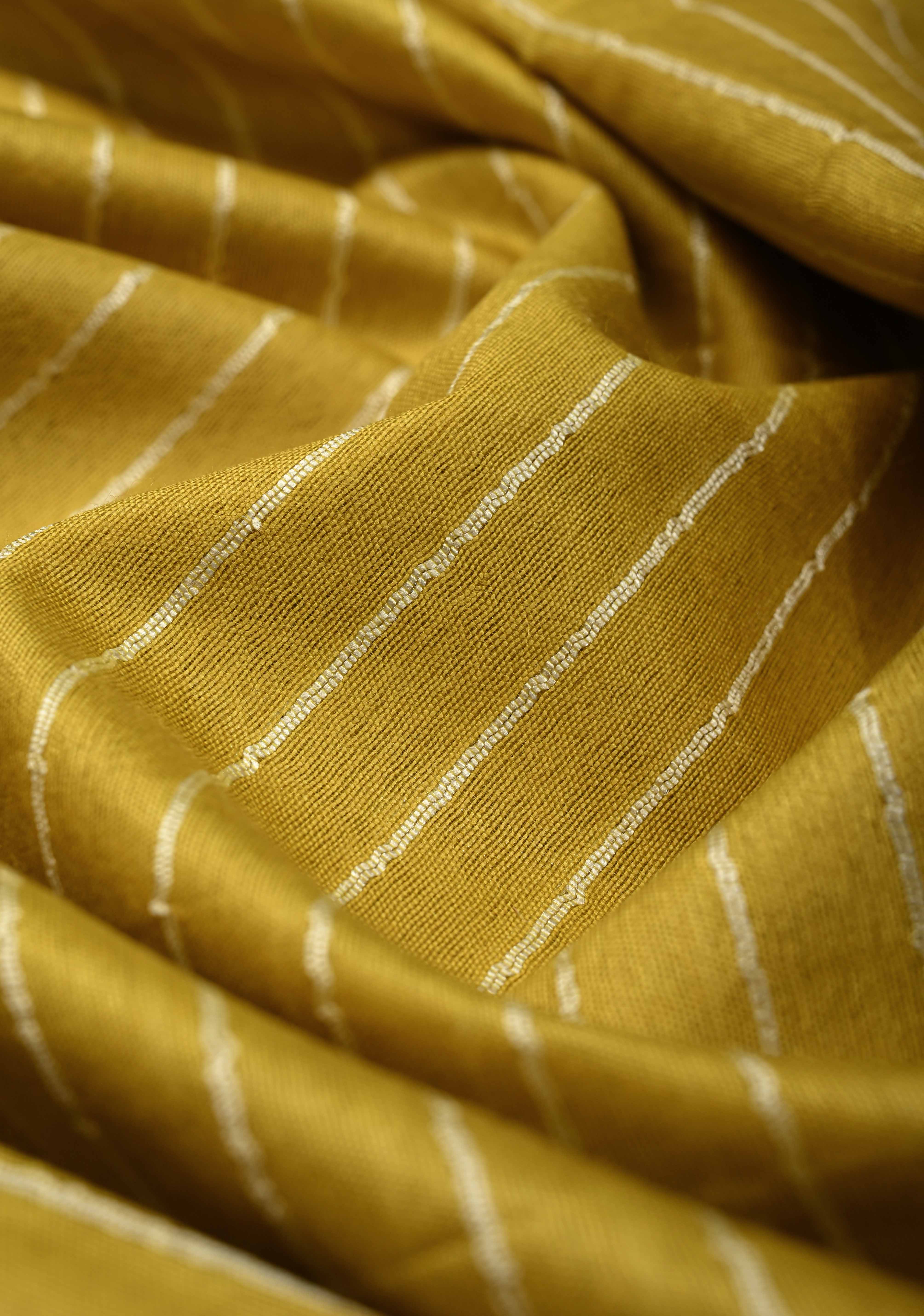 Mustard Yellow Borderless Semi Tussar Saree with Thread Horizontal Stripes and Contrast Pallu | Shobitam