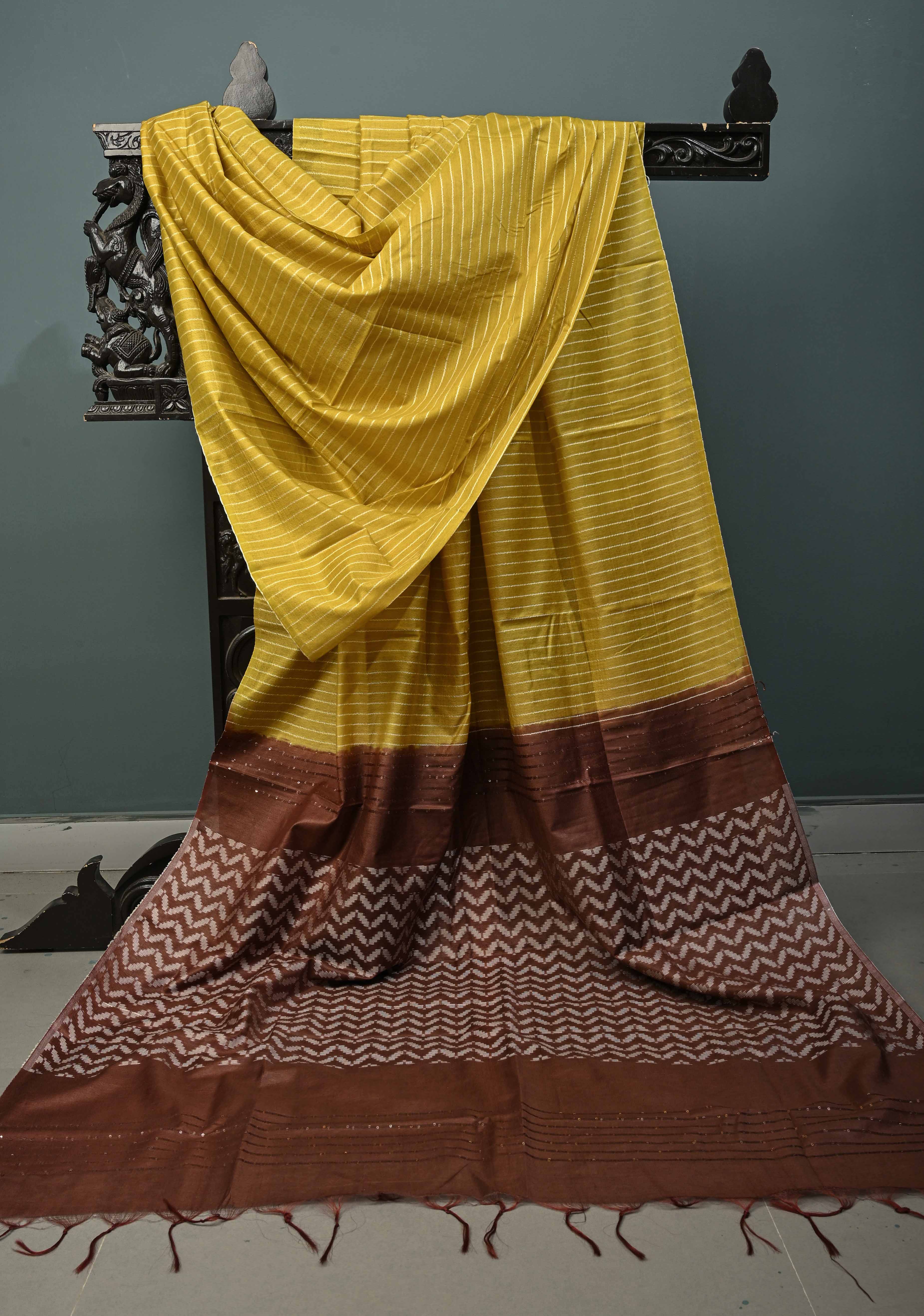 Mustard Yellow Borderless Semi Tussar Saree with Thread Horizontal Stripes and Contrast Pallu | Shobitam