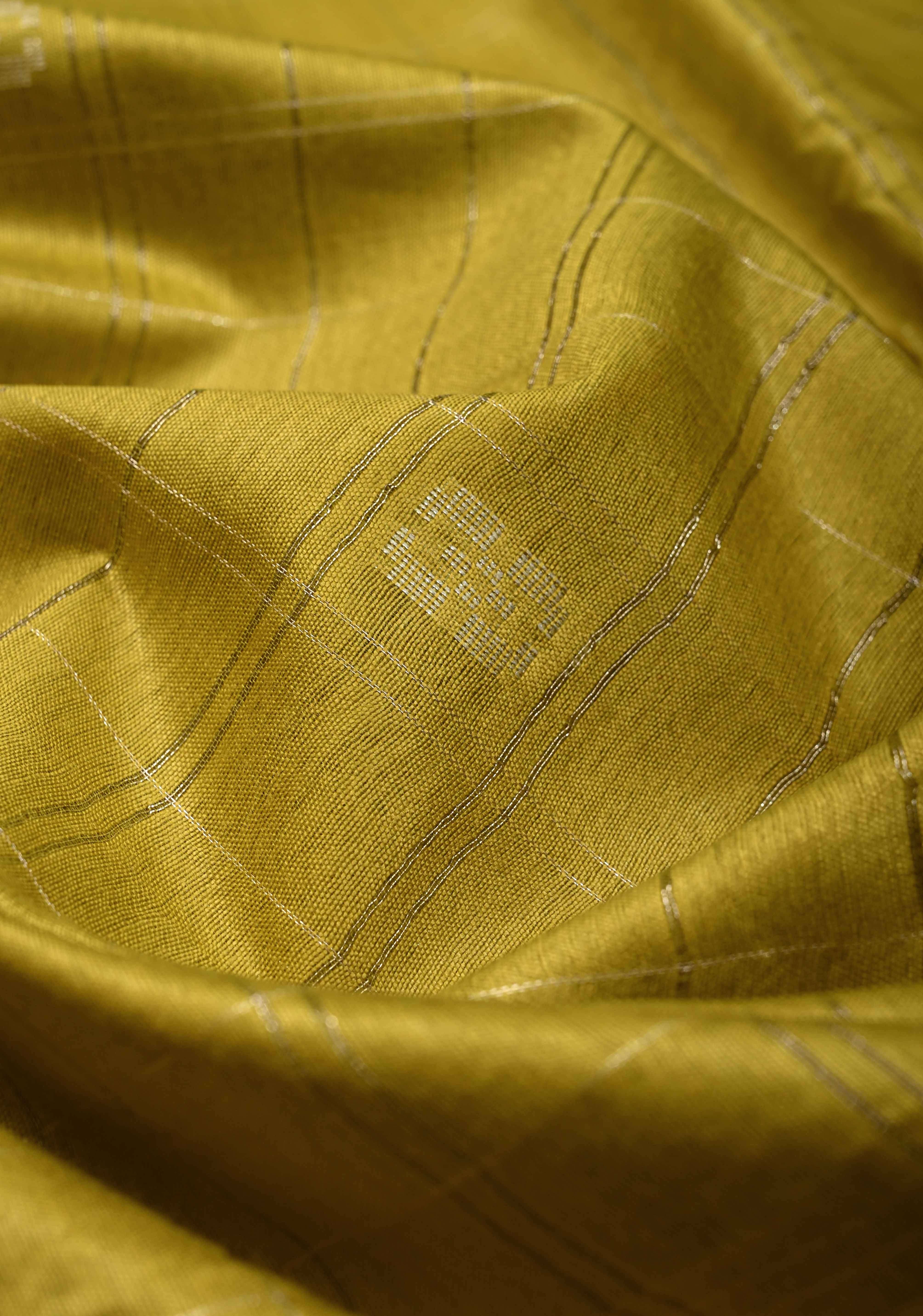 Moss Green Zari Checks on Semi Tussar Saree with Thread Buttas and Zari Border | Shobitam