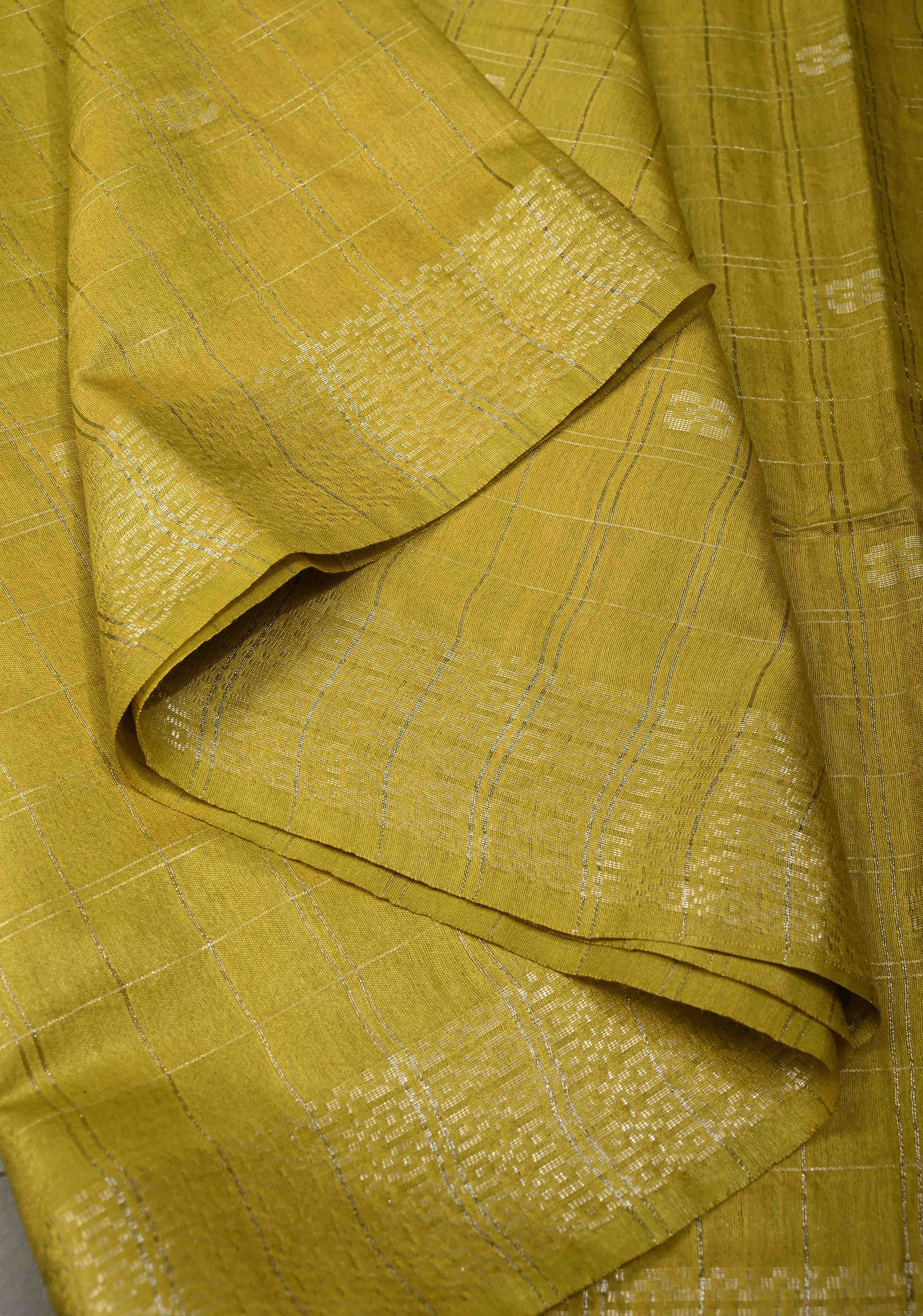 Moss Green Zari Checks on Semi Tussar Saree with Thread Buttas and Zari Border | Shobitam