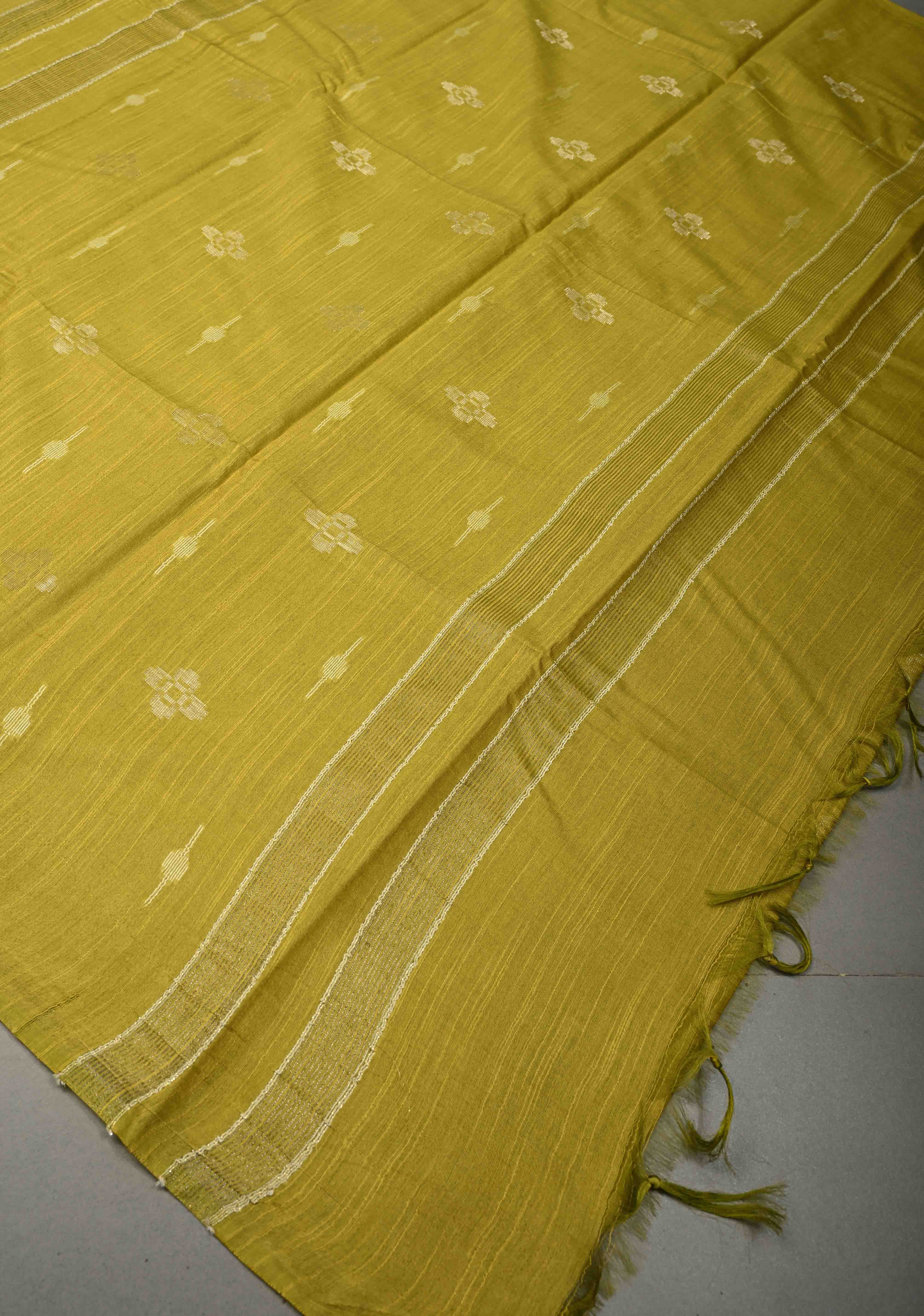 Moss Green Borderless Semi Tussar Saree with Zari and Thread Buttas | Shobitam