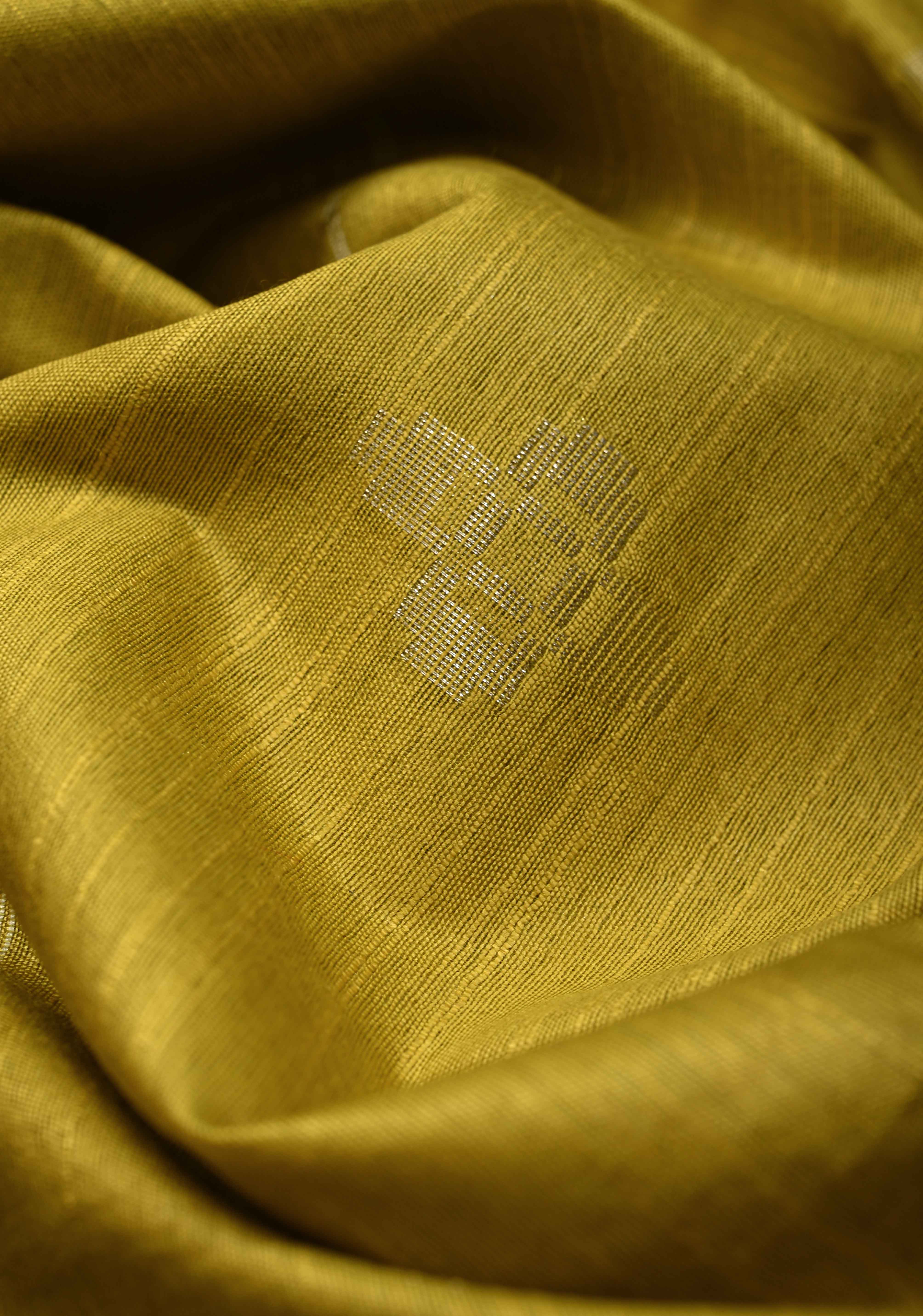 Moss Green Borderless Semi Tussar Saree with Zari and Thread Buttas | Shobitam
