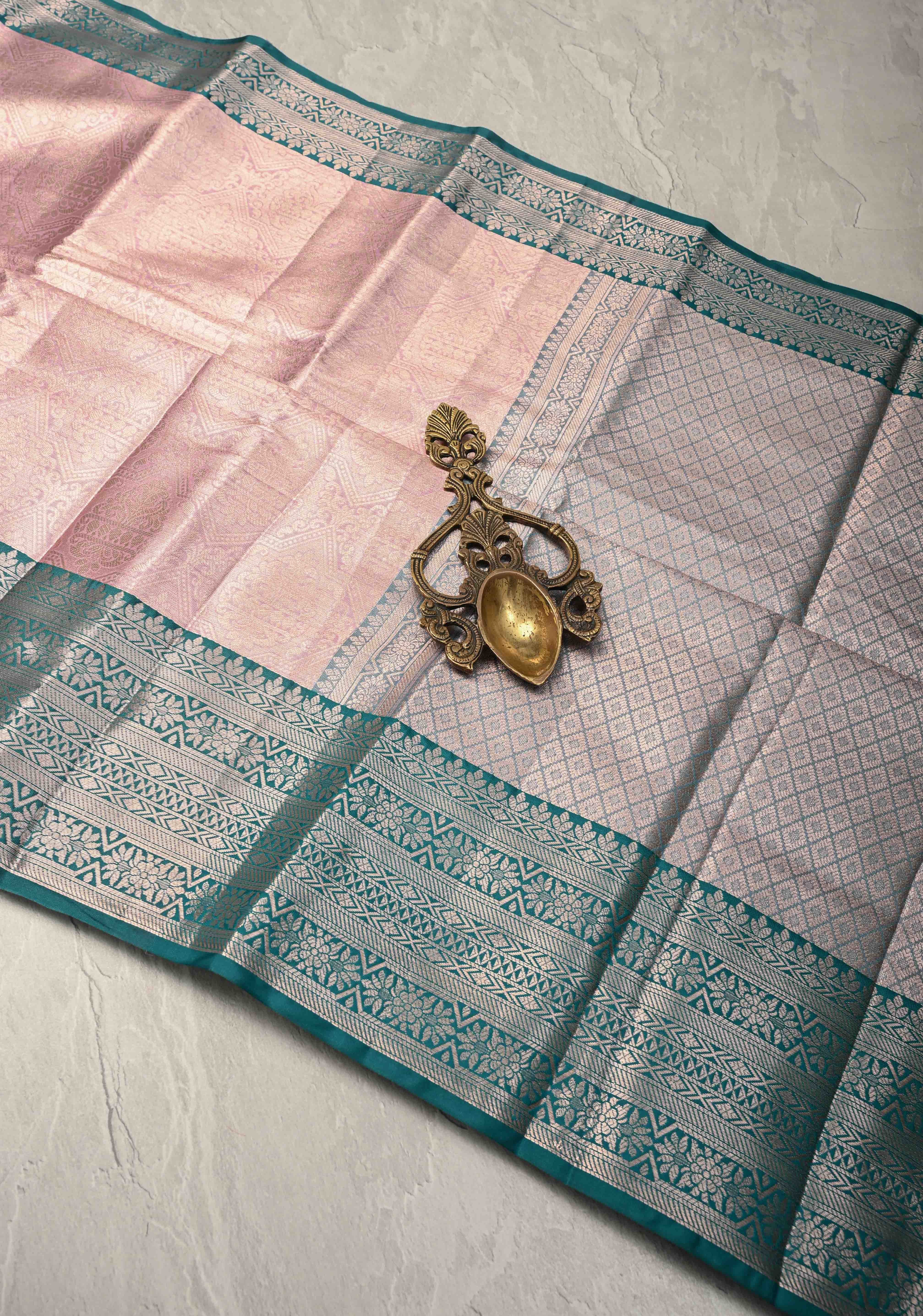 Pink Kanjivaram Tissue Semi Silk Saree with Brocade and Contrast Zari Border | Shobitam