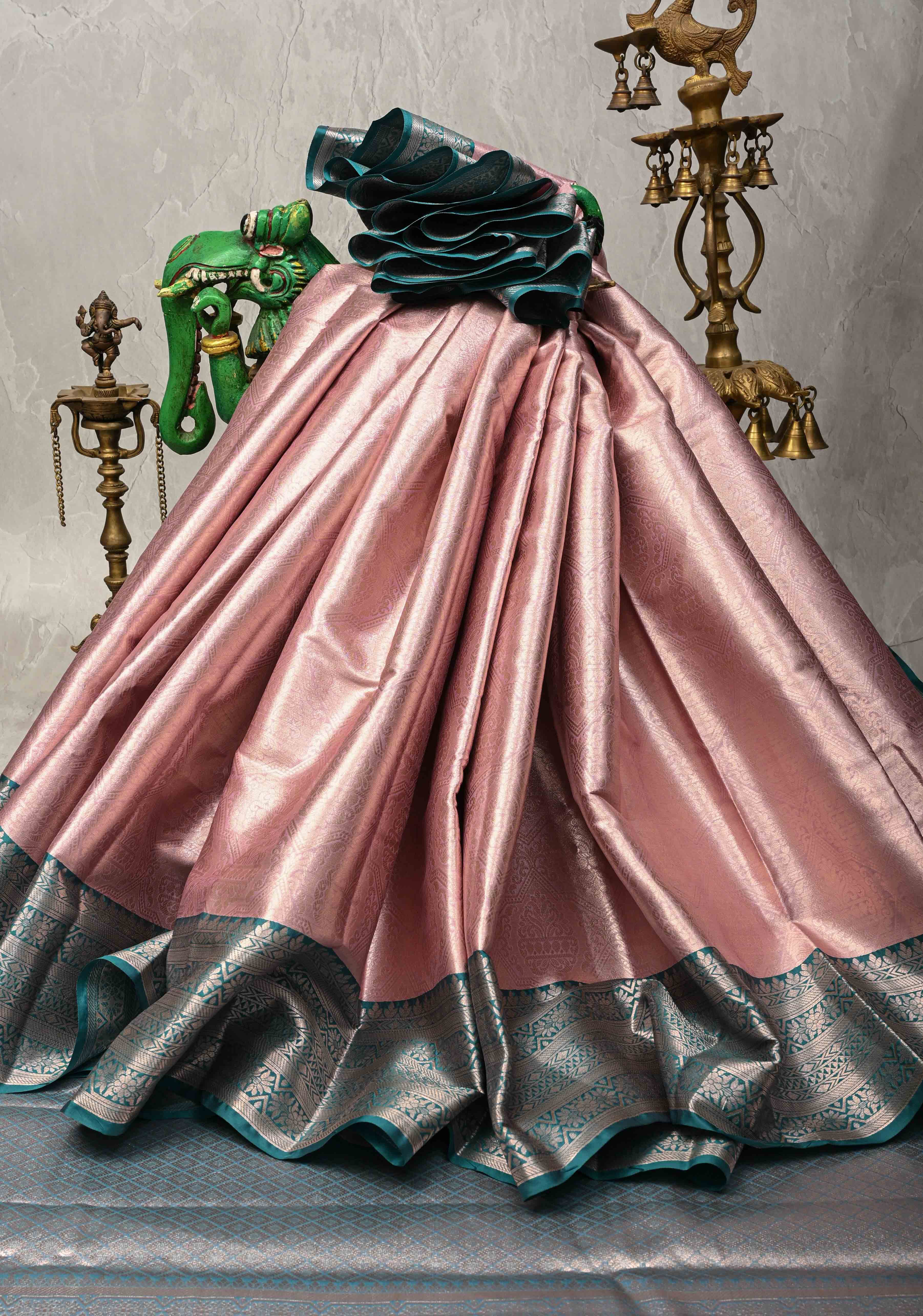 Pink Kanjivaram Tissue Semi Silk Saree with Brocade and Contrast Zari Border | Shobitam