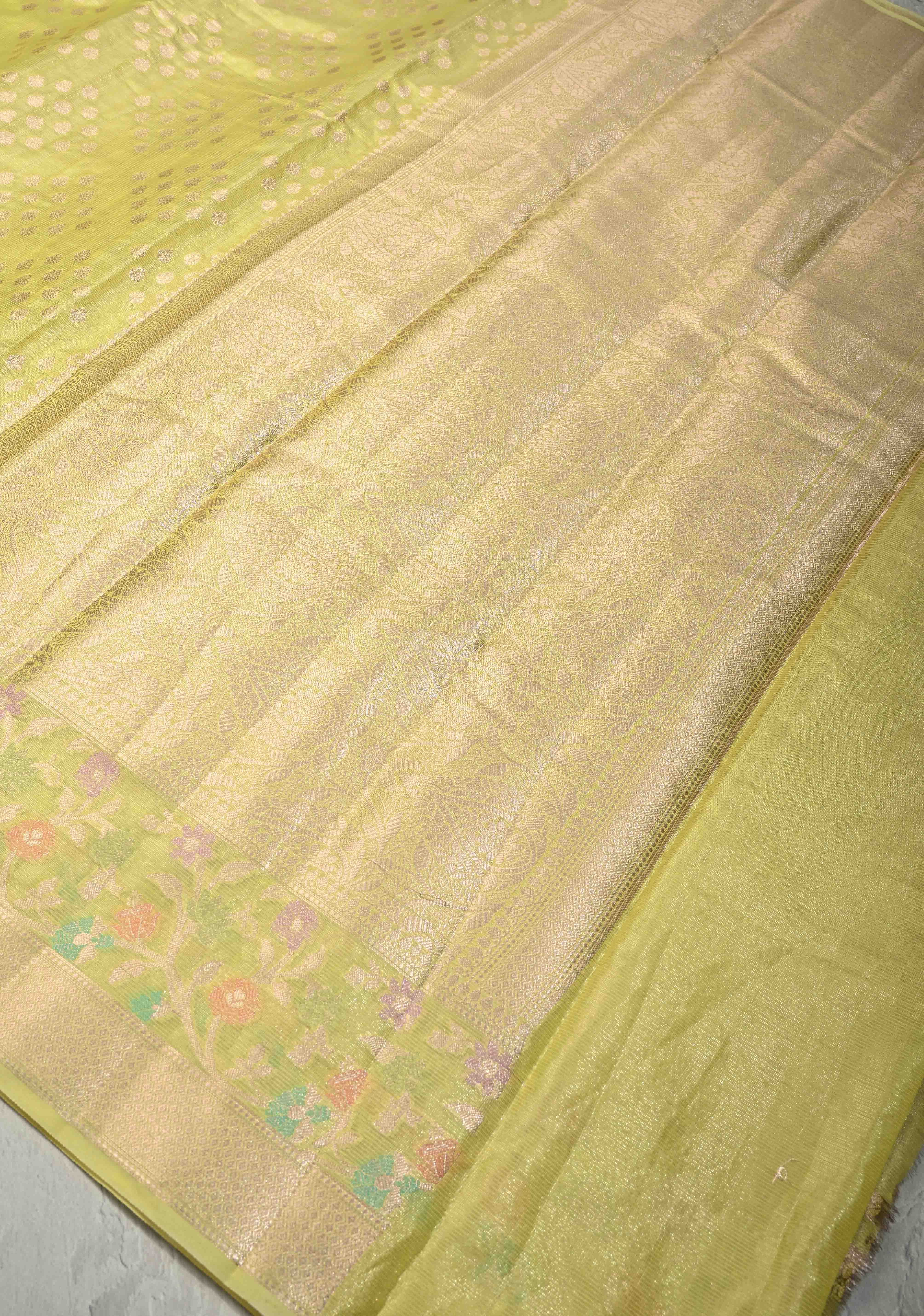 Lime Green Tissue Kanjivaram Semi Silk Saree with Leaf Buttas and Pastel meenakari Vine border | Shobitam