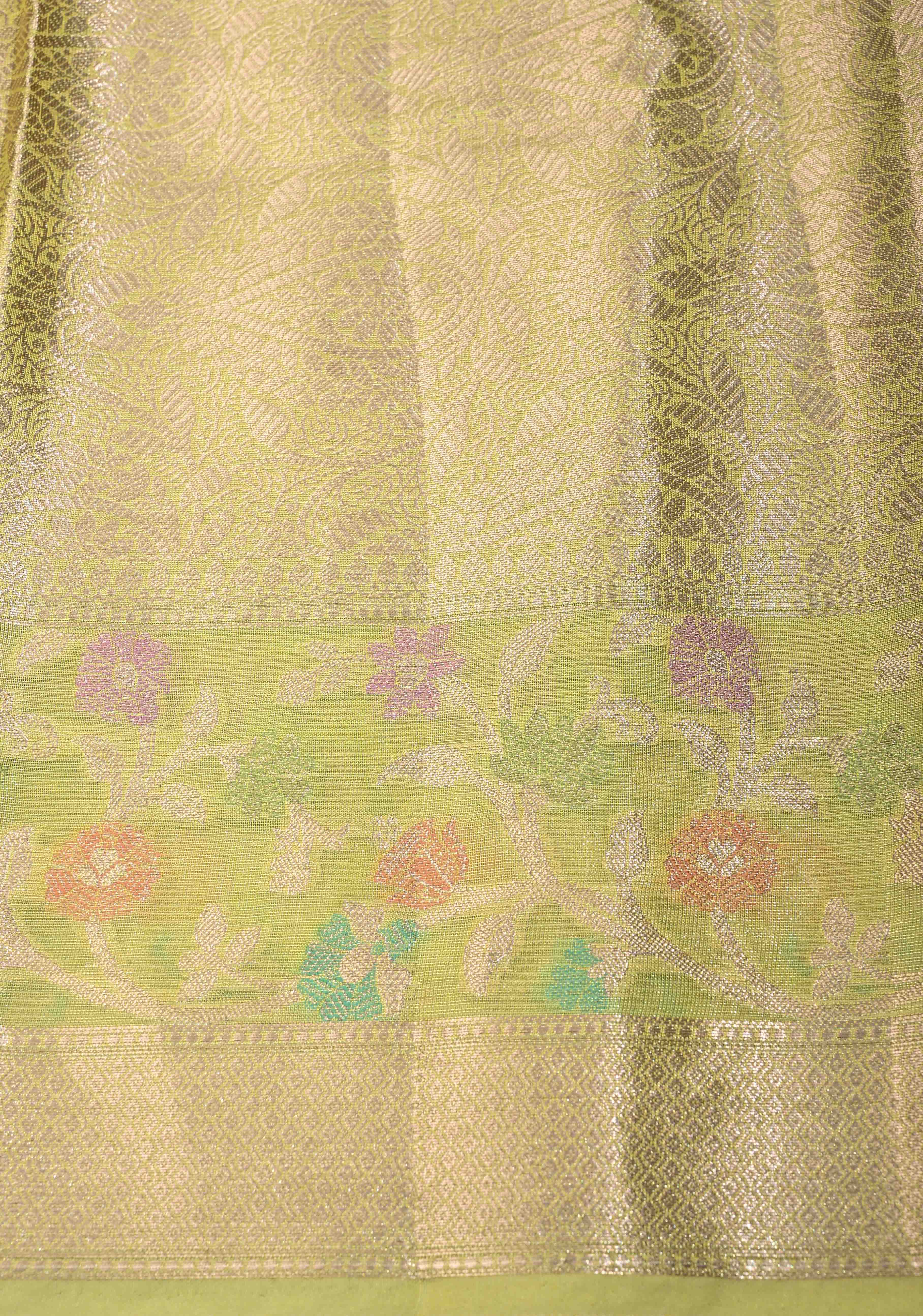 Lime Green Tissue Kanjivaram Semi Silk Saree with Leaf Buttas and Pastel meenakari Vine border | Shobitam