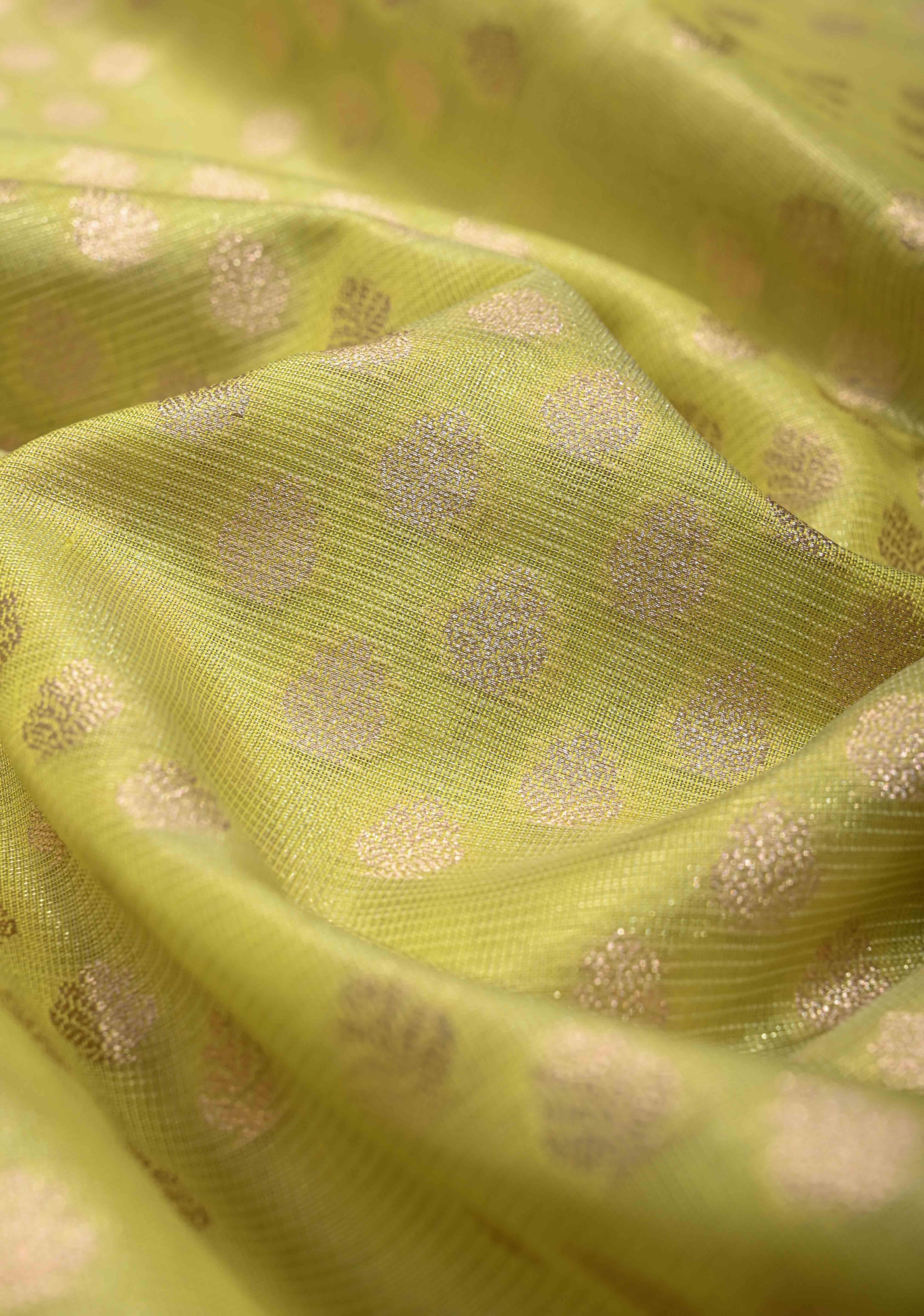 Lime Green Tissue Kanjivaram Semi Silk Saree with Leaf Buttas and Pastel meenakari Vine border | Shobitam