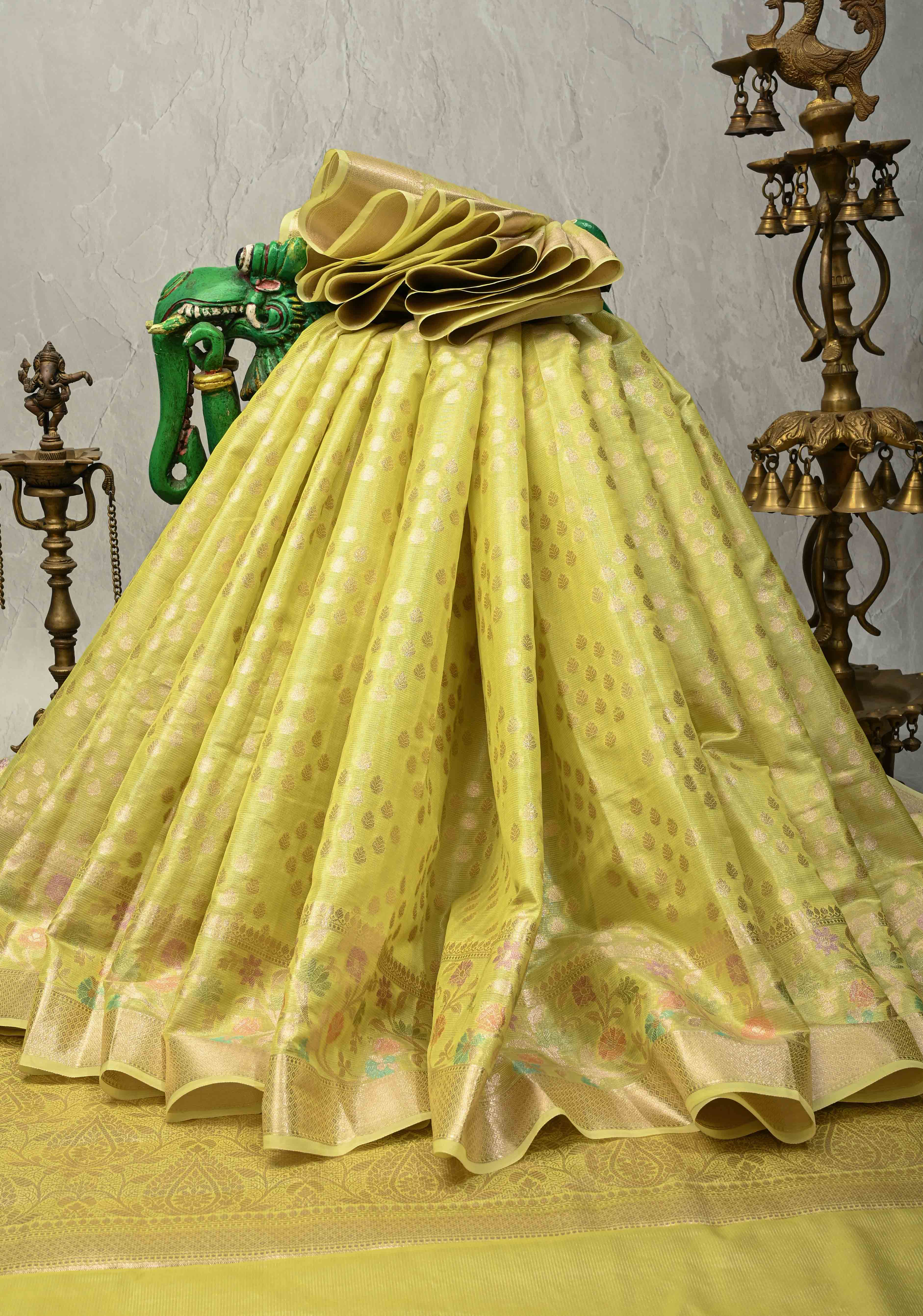 Lime Green Tissue Kanjivaram Semi Silk Saree with Leaf Buttas and Pastel meenakari Vine border | Shobitam