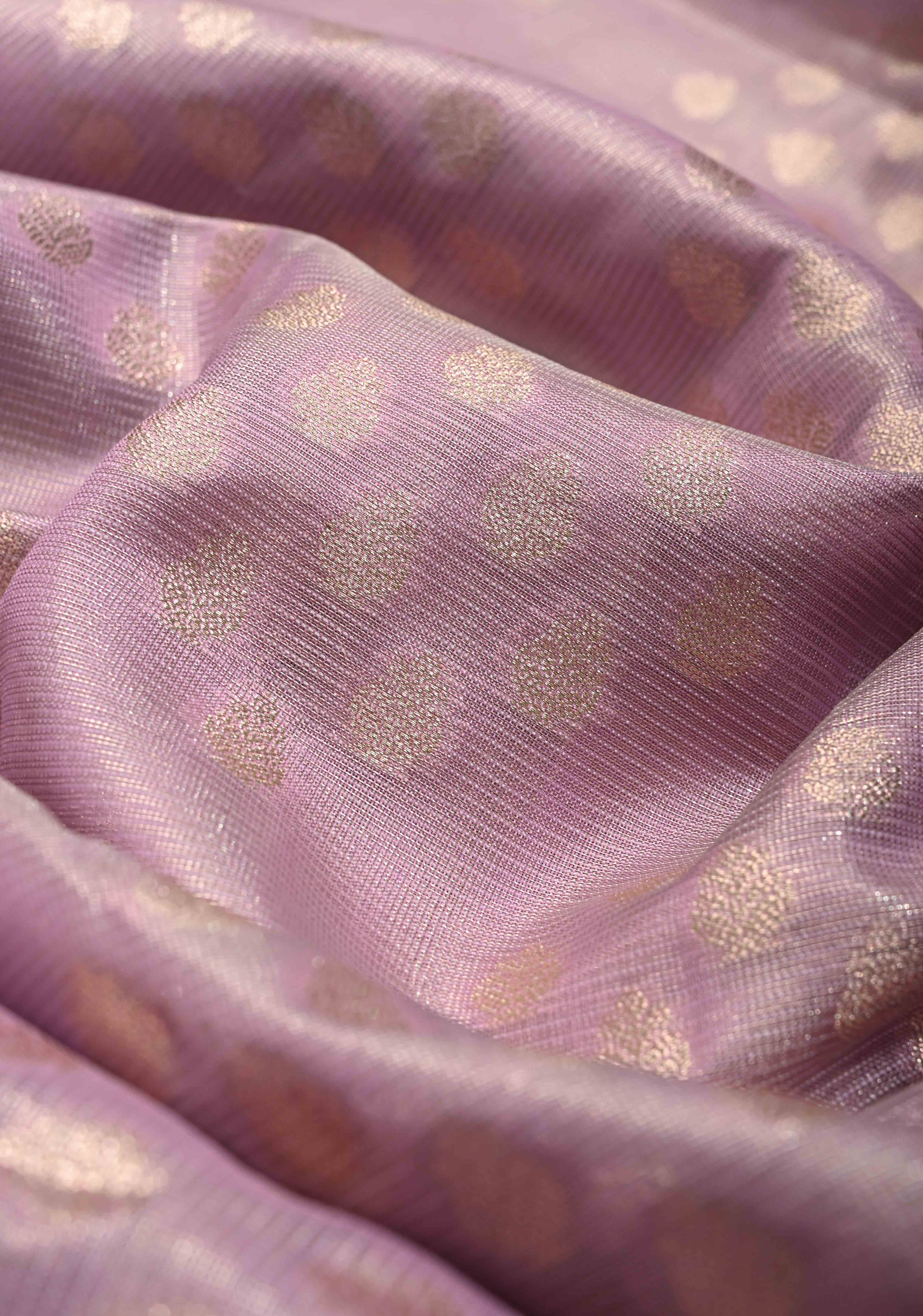 Lilac Tissue Kanjivaram Semi Silk Saree with Leaf Buttas and Pastel meenakari Vine border | Shobitam