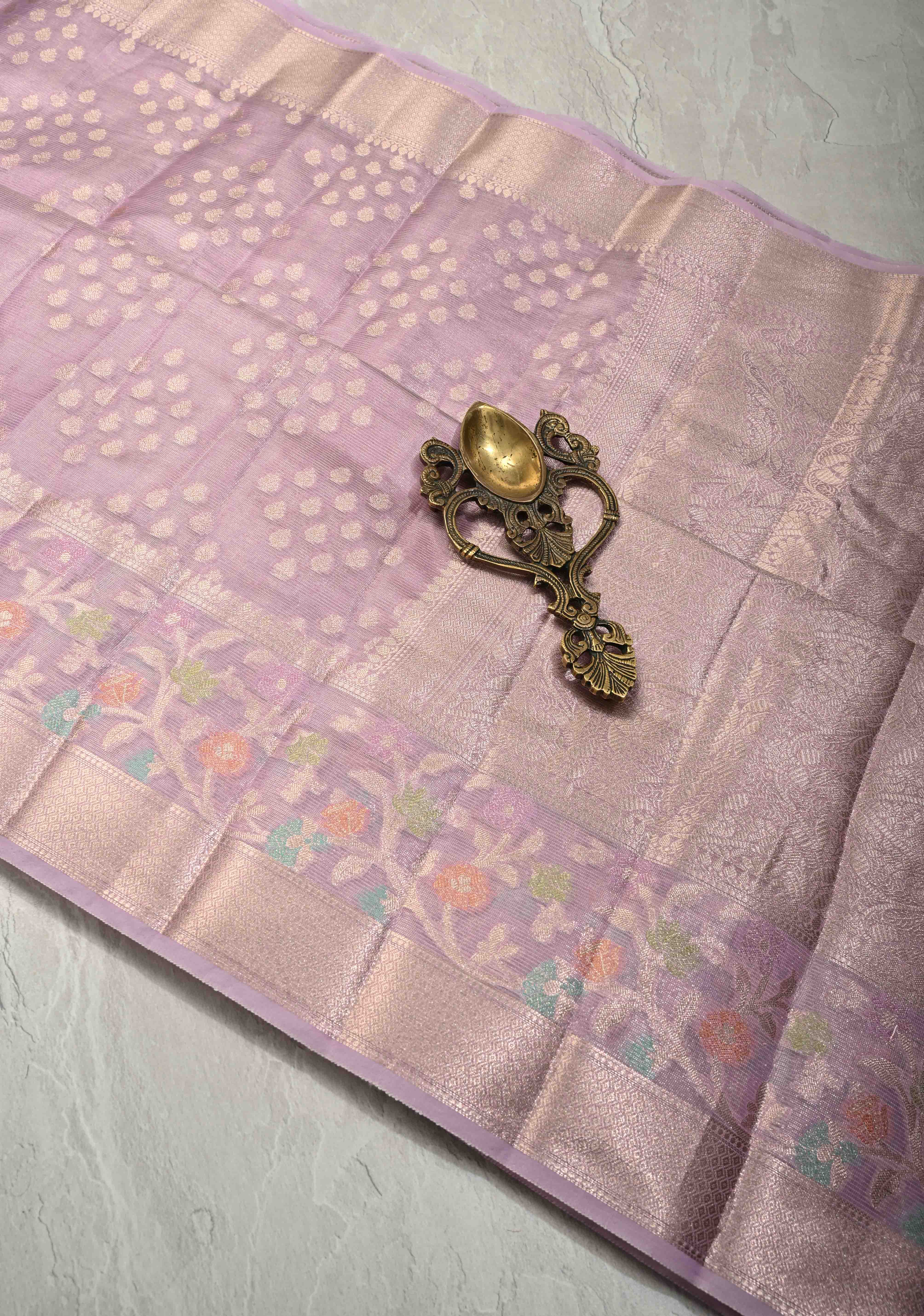 Lilac Tissue Kanjivaram Semi Silk Saree with Leaf Buttas and Pastel meenakari Vine border | Shobitam