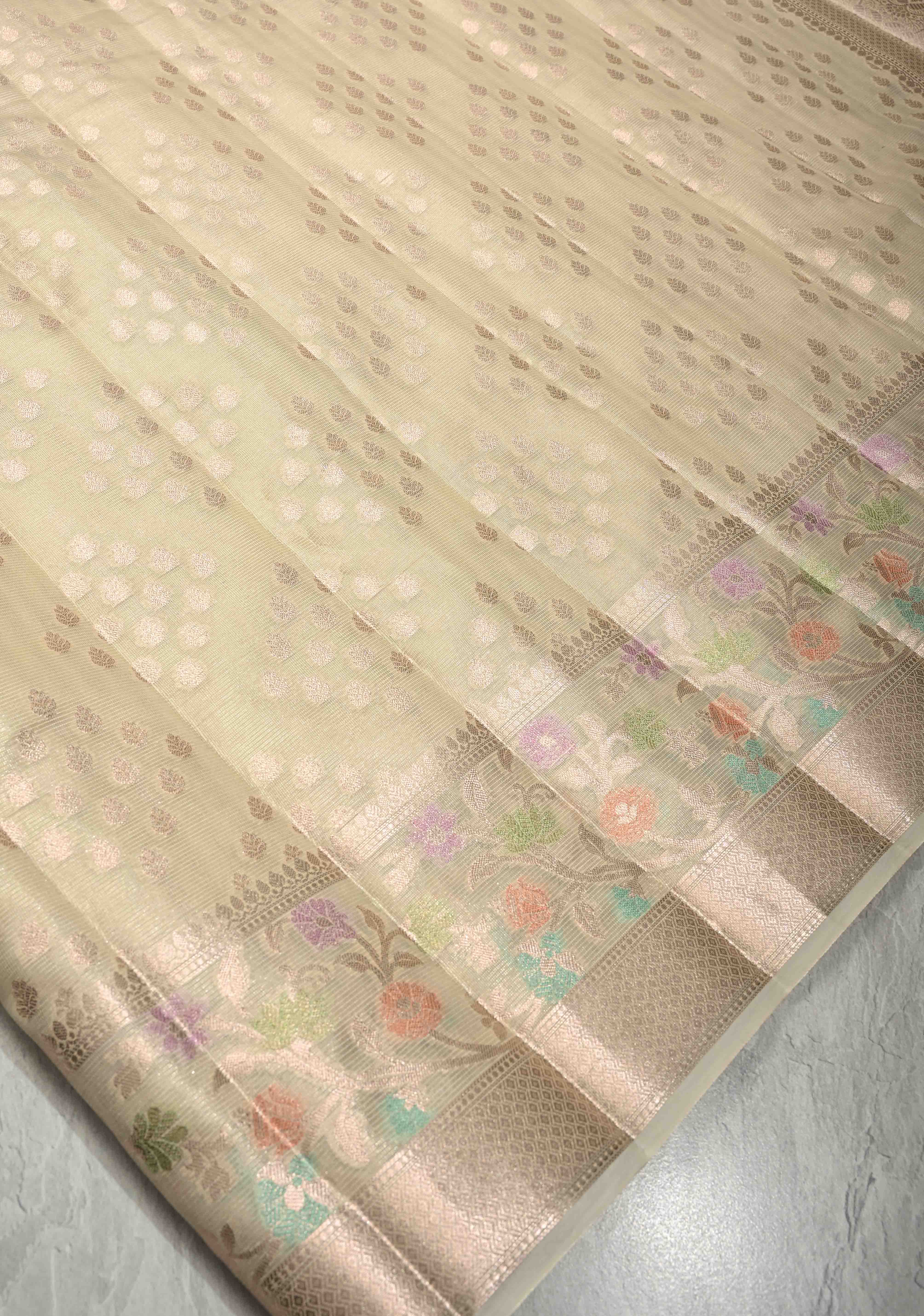Ivory Tissue Kanjivaram Semi Silk Saree with Leaf Buttas and Pastel meenakari Vine border | Shobitam