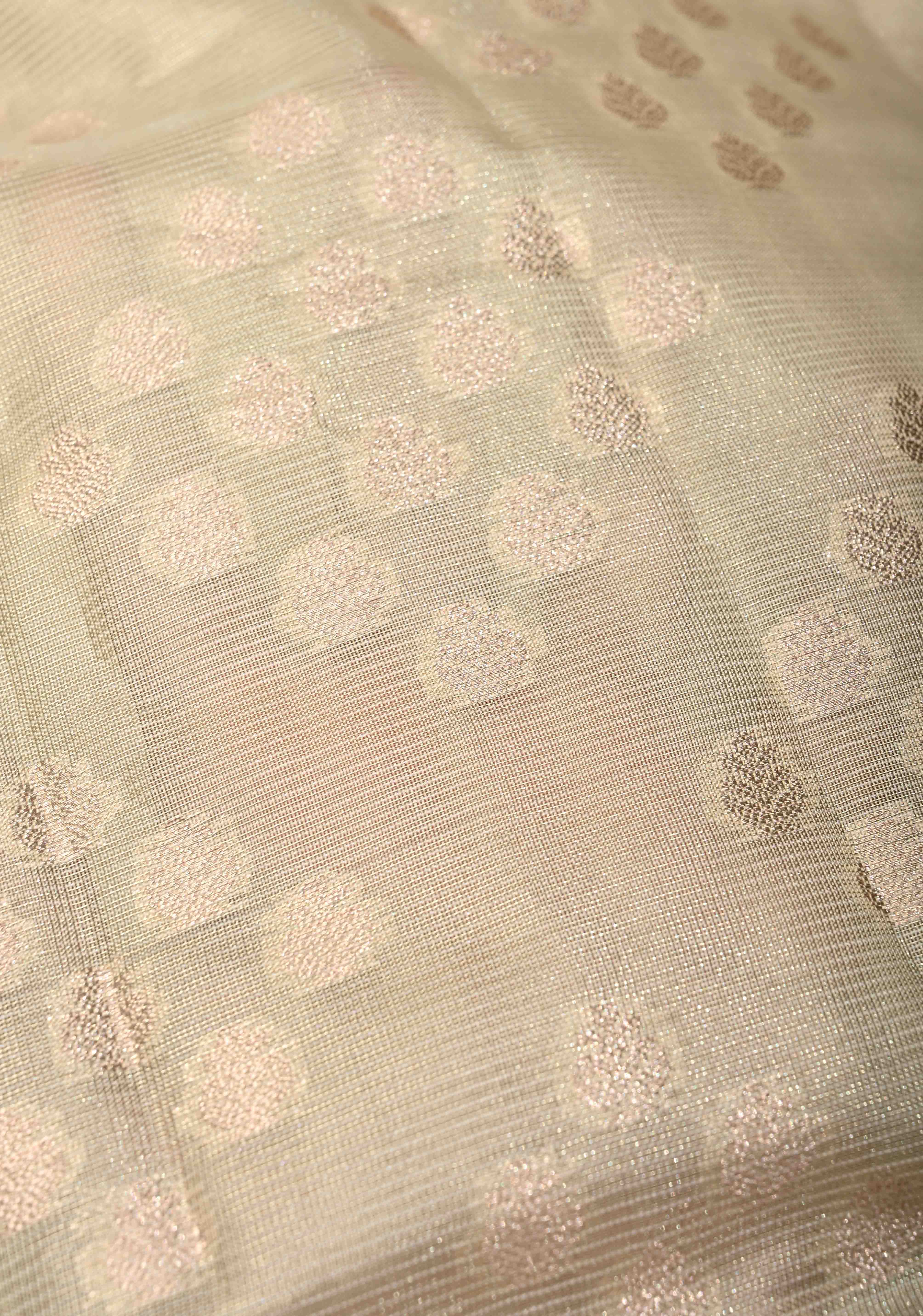 Ivory Tissue Kanjivaram Semi Silk Saree with Leaf Buttas and Pastel meenakari Vine border | Shobitam