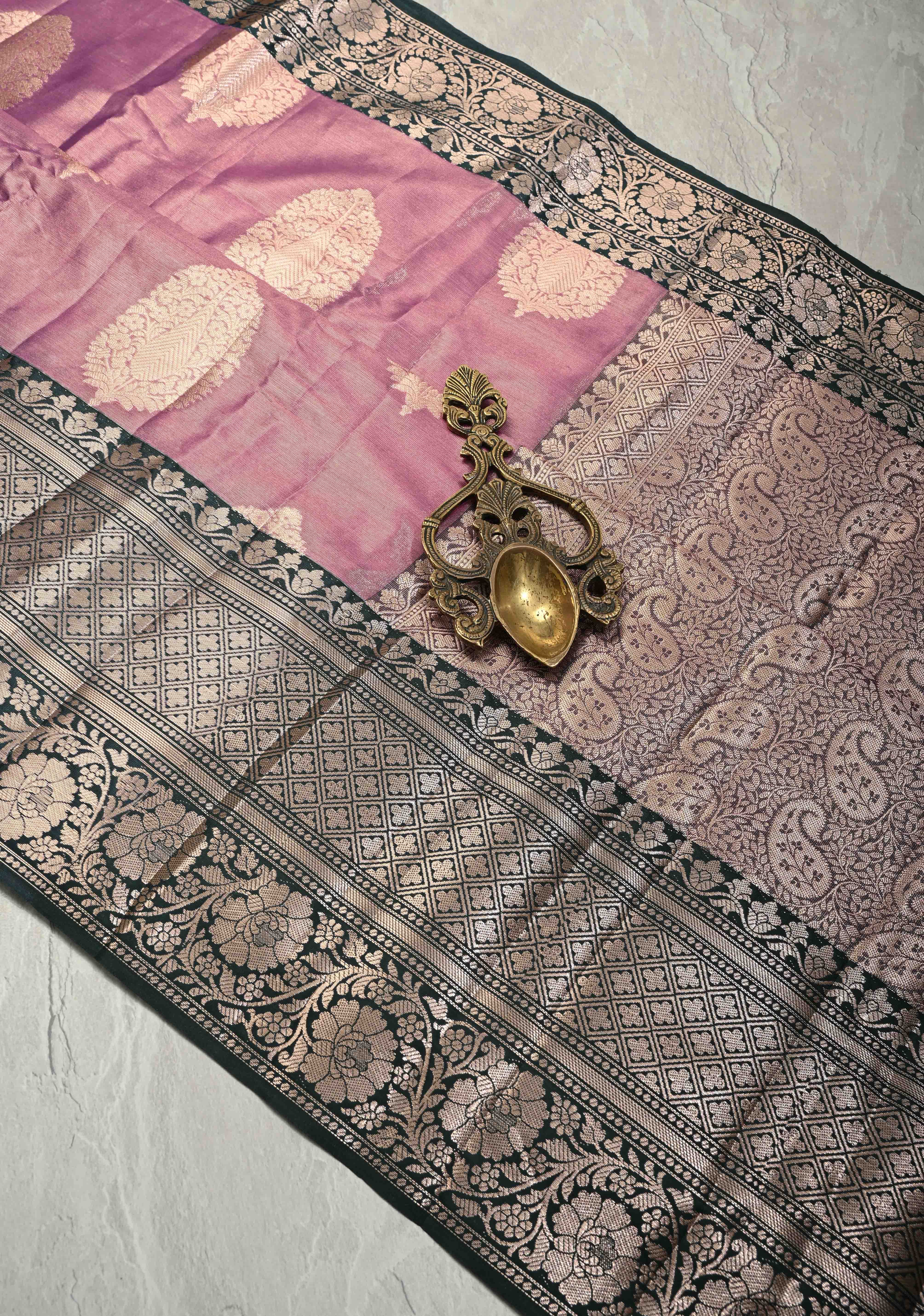 Mauve Pink Tissue Kanjivaram Semi Silk Saree with Floral Buttas and Dark Green wide Border | Shobitam
