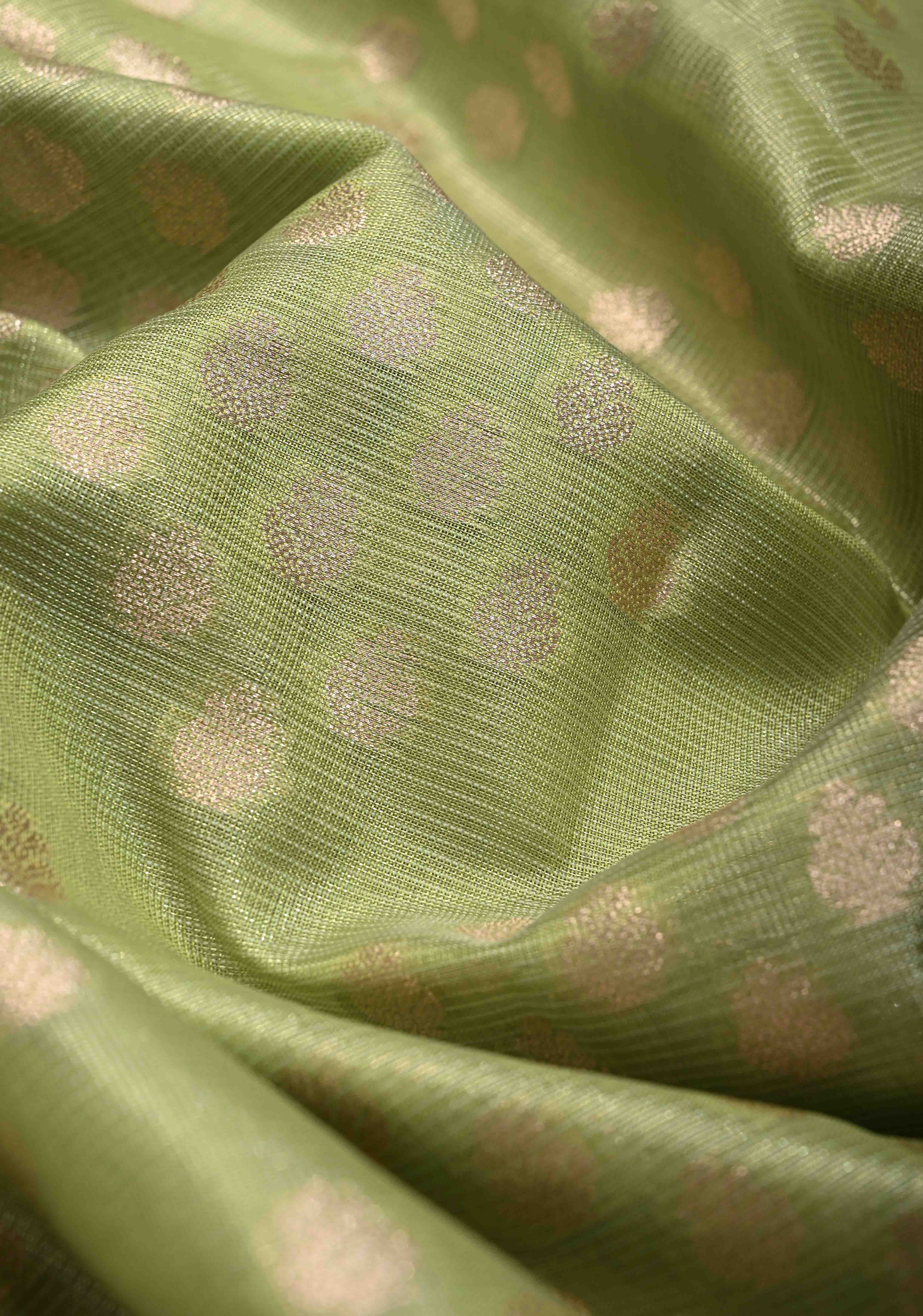 Light olive Green Tissue Kanjivaram Semi Silk Saree with Leaf Buttas and Pastel meenakari Vine border | Shobitam
