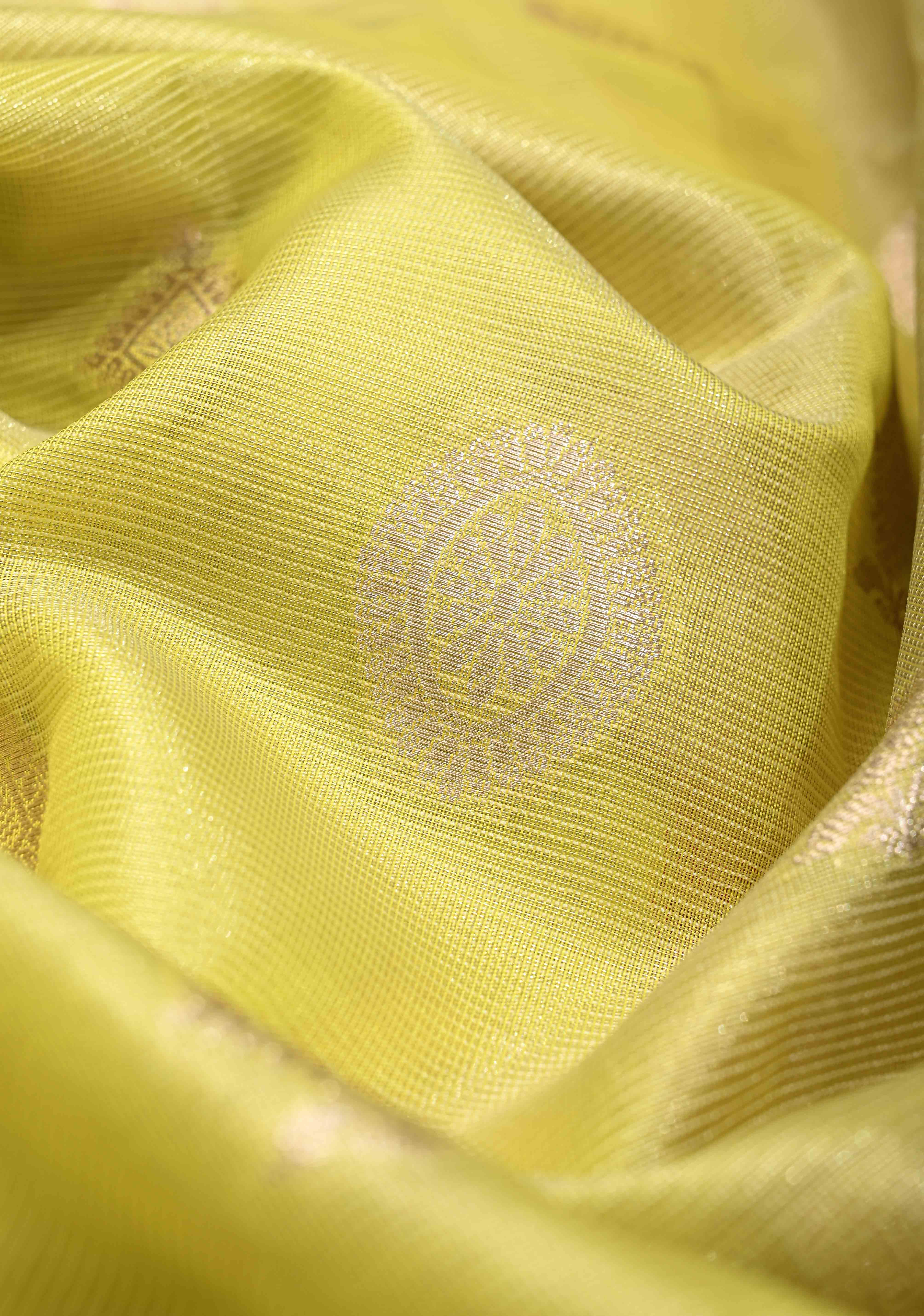 Mustard Yellow Kanjivaram Tissue Semi Silk Saree with Zari Buttas and Contrast Zari Border | Shobitam