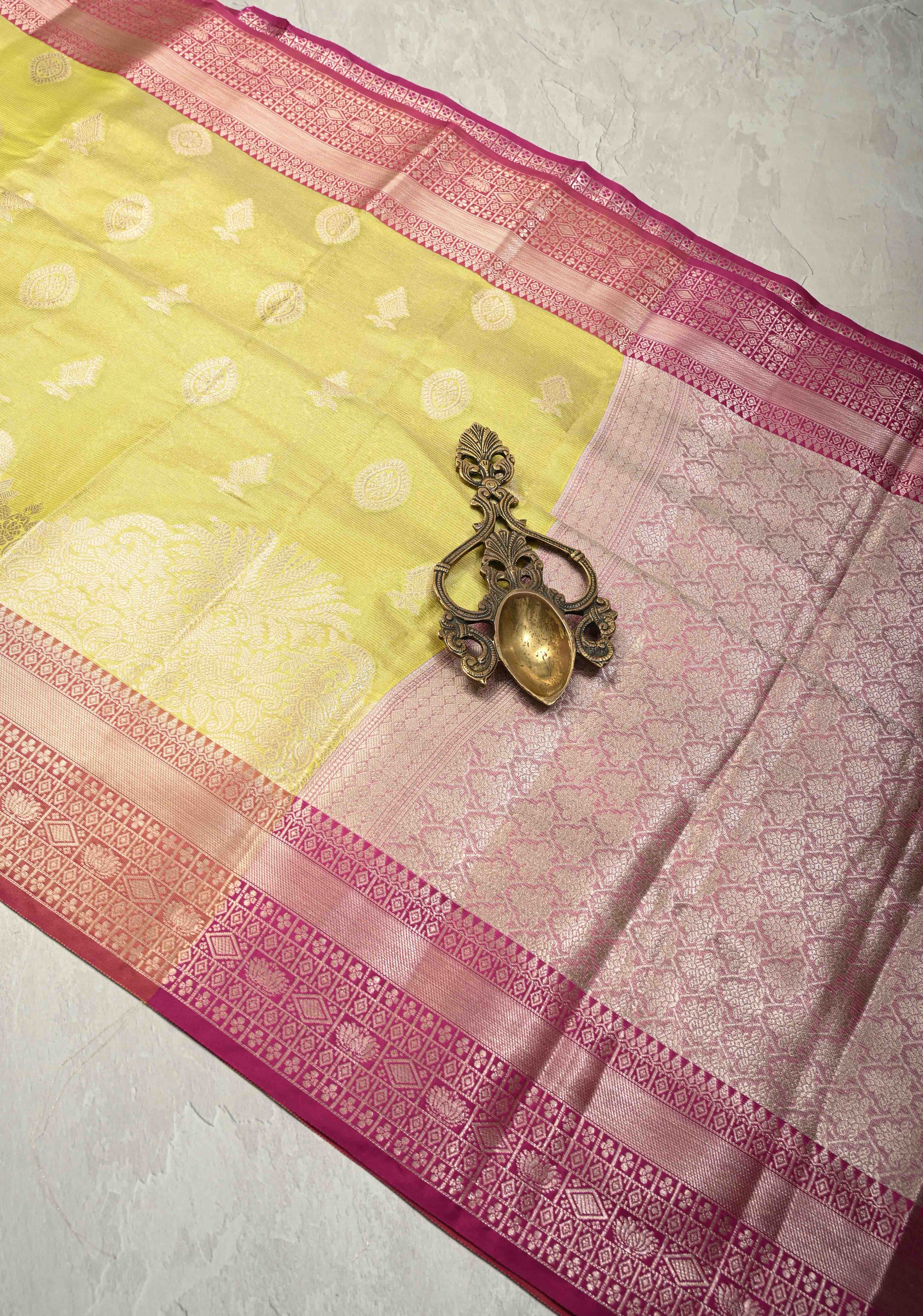 Mustard Yellow Kanjivaram Tissue Semi Silk Saree with Zari Buttas and Contrast Zari Border | Shobitam