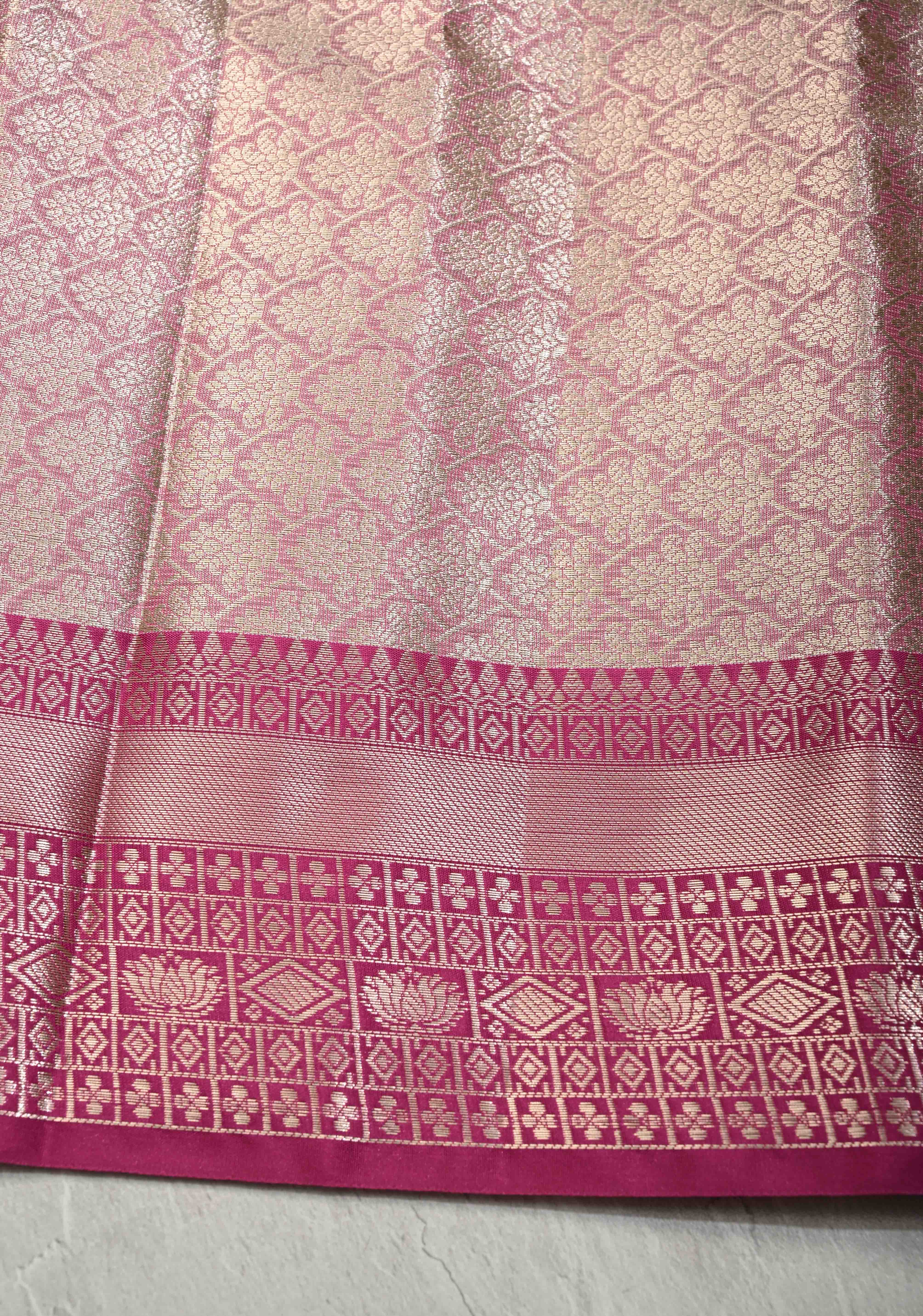 Seafoam Green Kanjivaram Tissue Semi Silk Saree with Zari Buttas and Contrast Zari Border | Shobitam