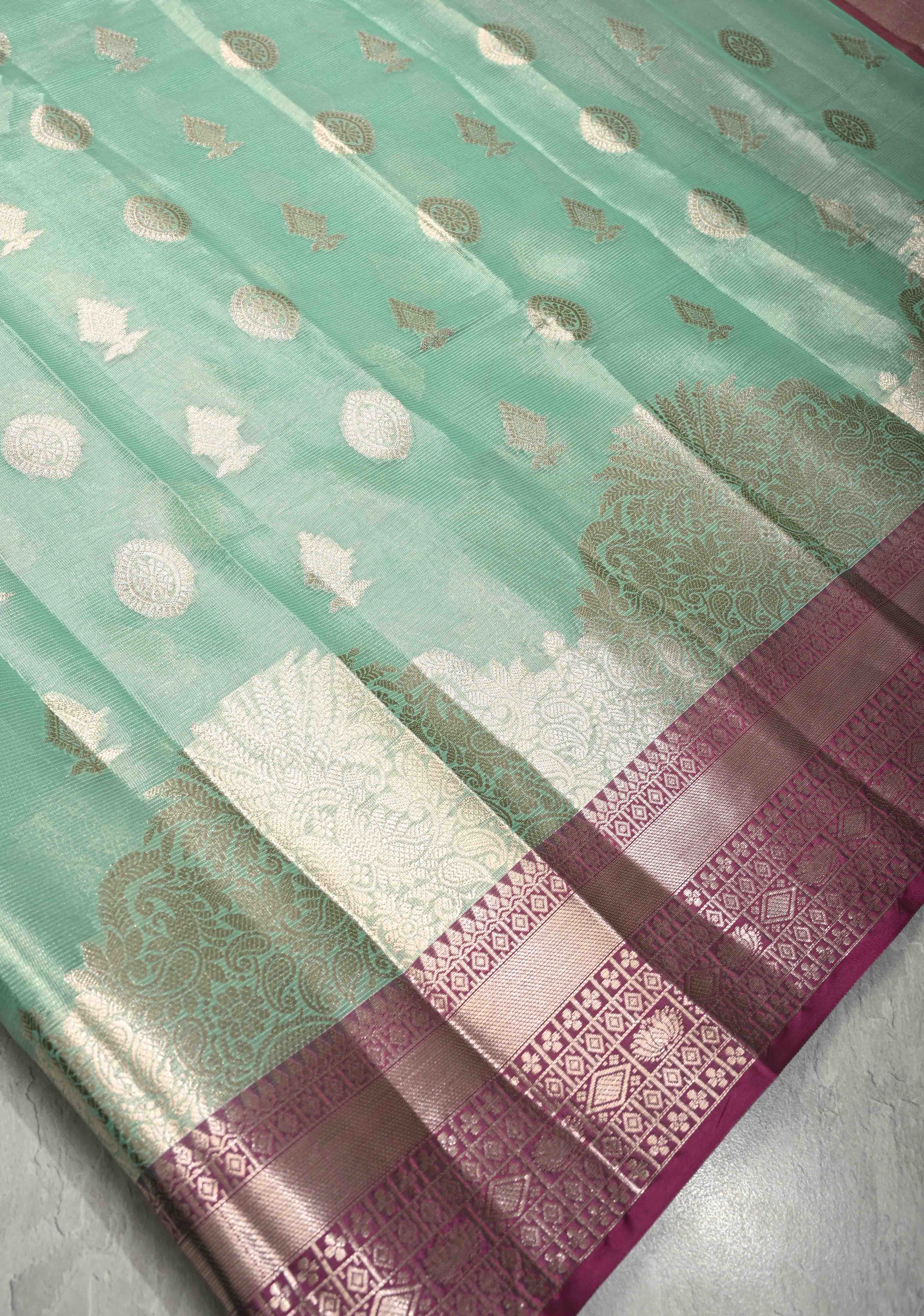 Seafoam Green Kanjivaram Tissue Semi Silk Saree with Zari Buttas and Contrast Zari Border | Shobitam