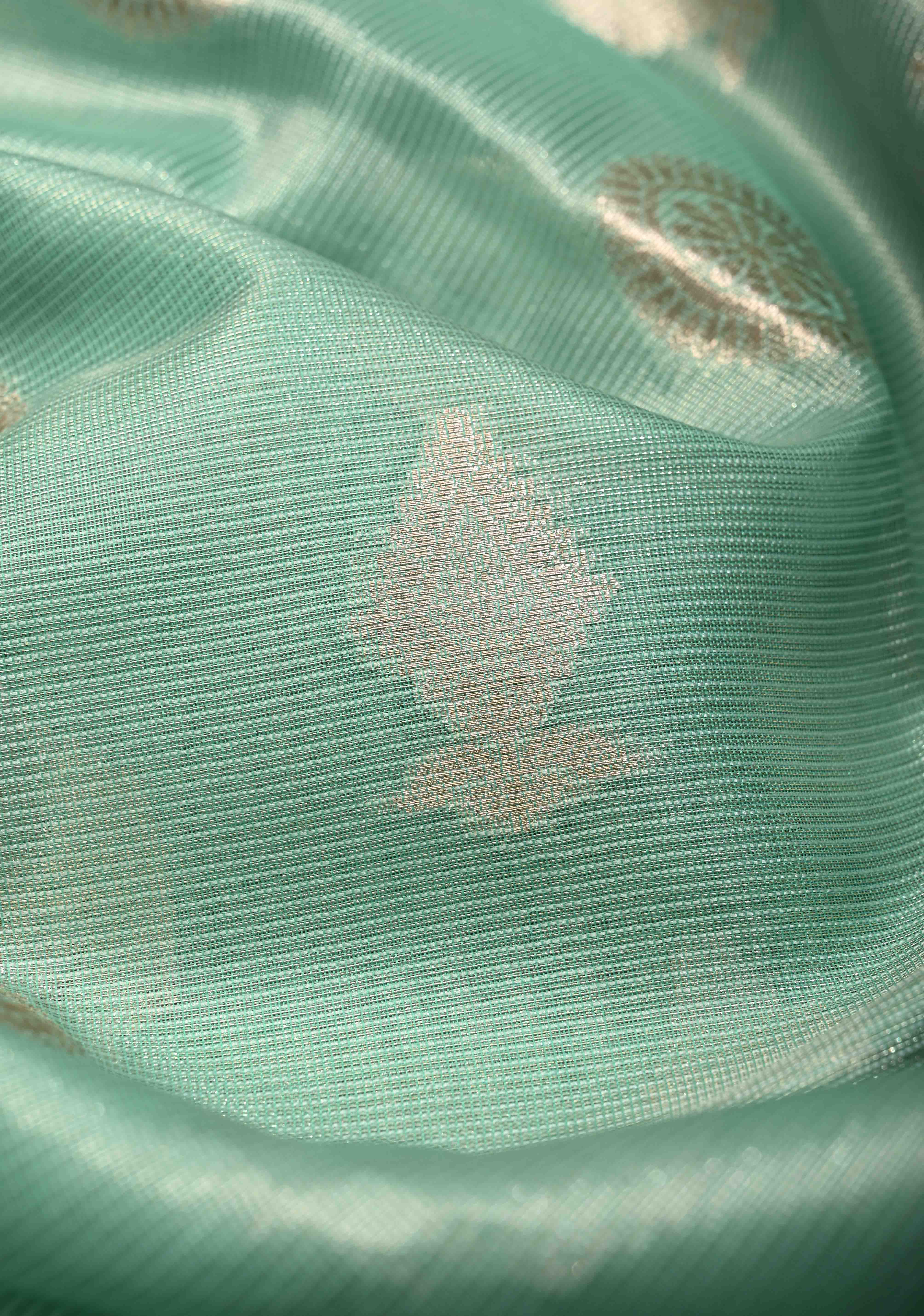 Seafoam Green Kanjivaram Tissue Semi Silk Saree with Zari Buttas and Contrast Zari Border | Shobitam