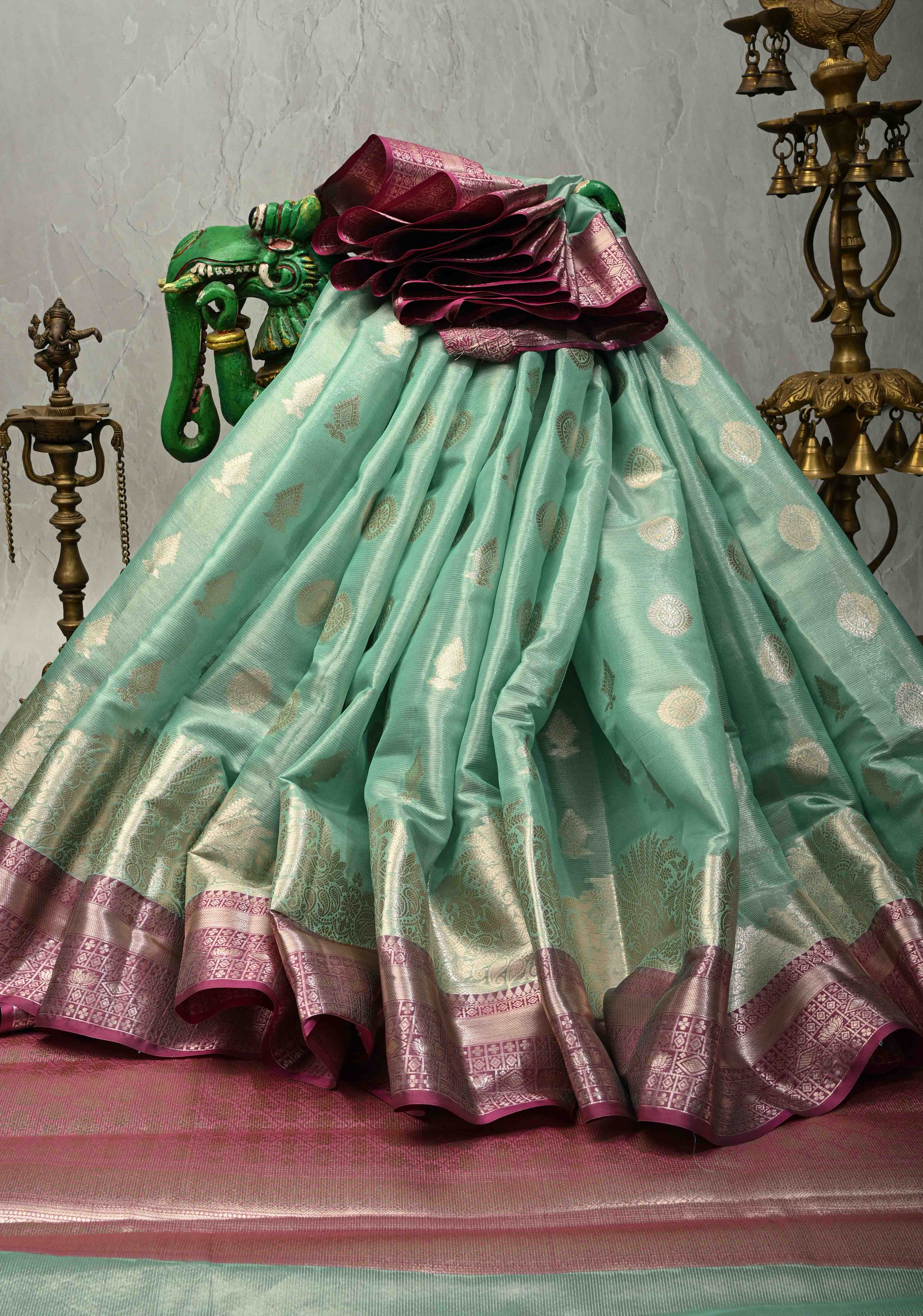 Seafoam Green Kanjivaram Tissue Semi Silk Saree with Zari Buttas and Contrast Zari Border | Shobitam