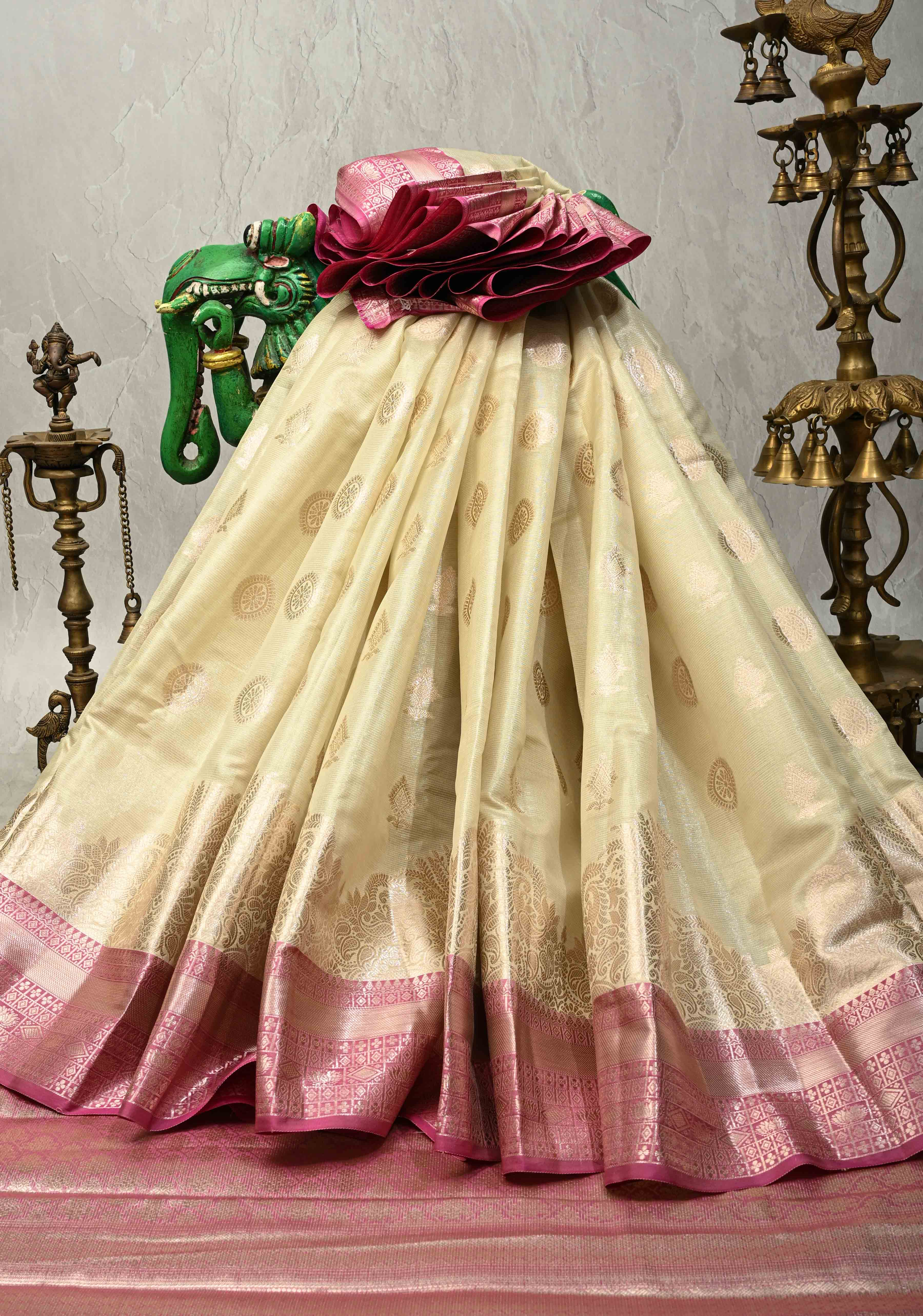 Creamy Green Kanjivaram Tissue Semi Silk Saree with Zari Buttas and Contrast Zari Border | Shobitam