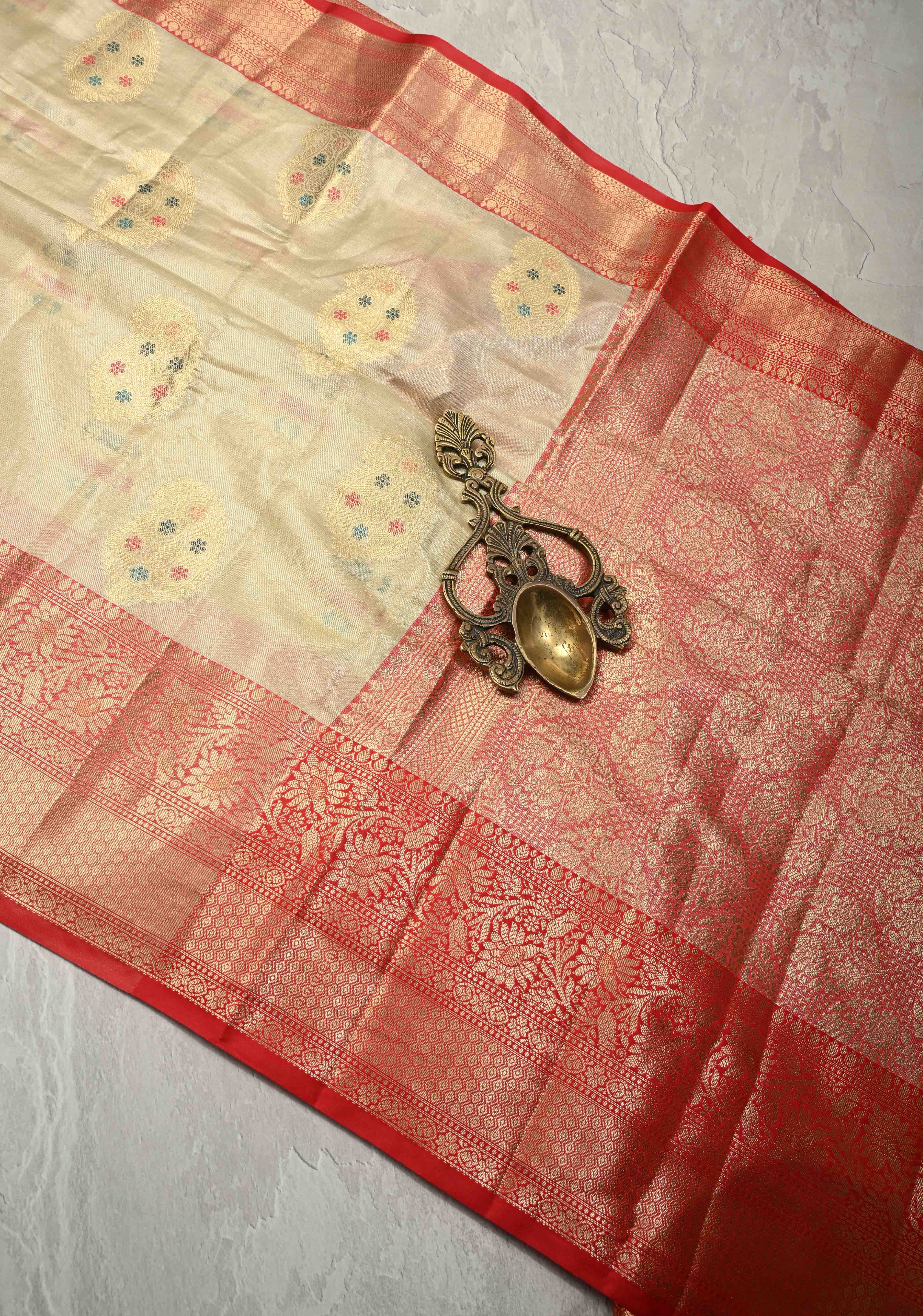 Beige Kanjivaram Tissue Semi Silk Saree with Meenakari Paisley Buttas and Contrast Zari Border | Shobitam