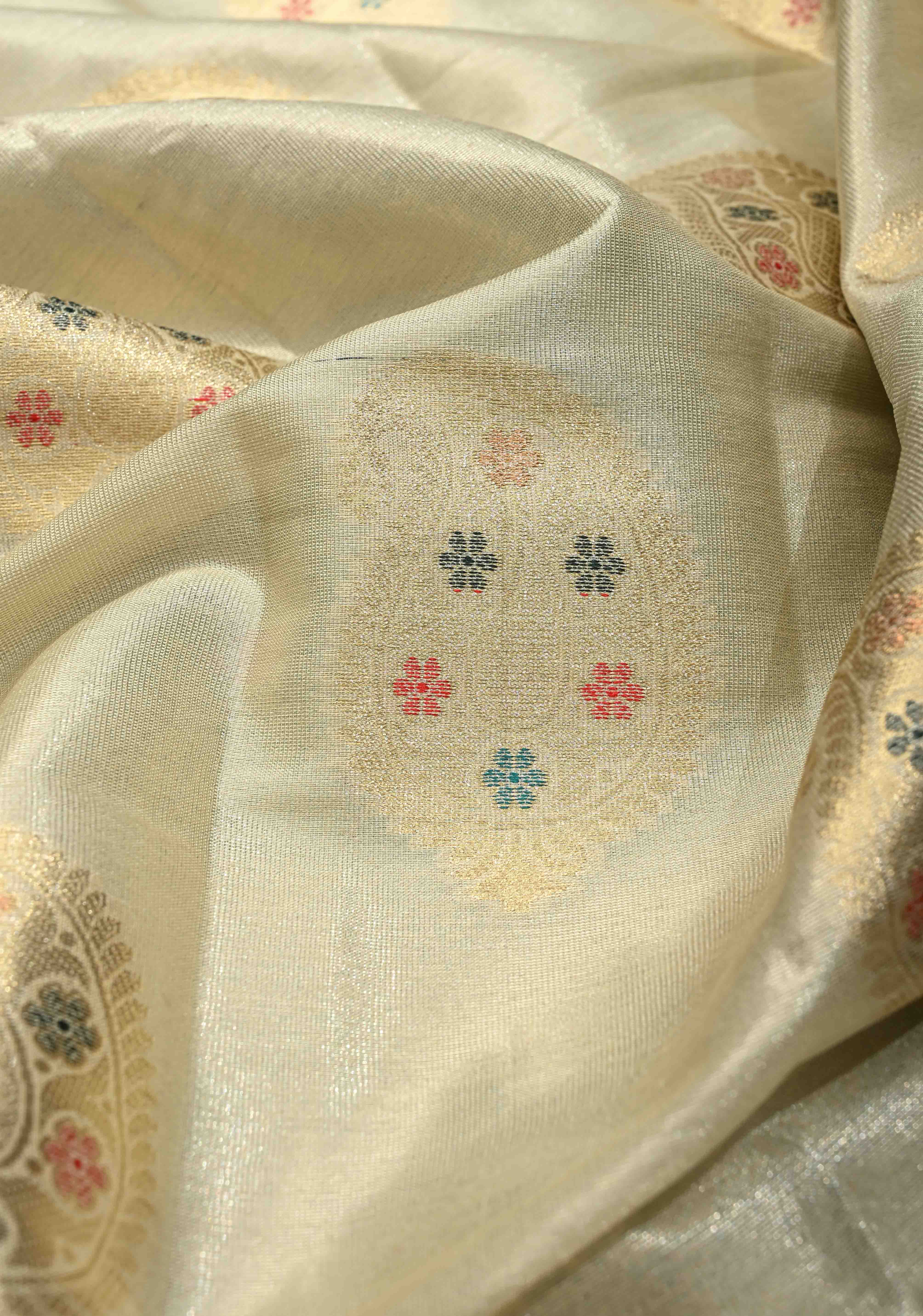 Beige Kanjivaram Tissue Semi Silk Saree with Meenakari Paisley Zari Buttas and Contrast Zari Border | Shobitam