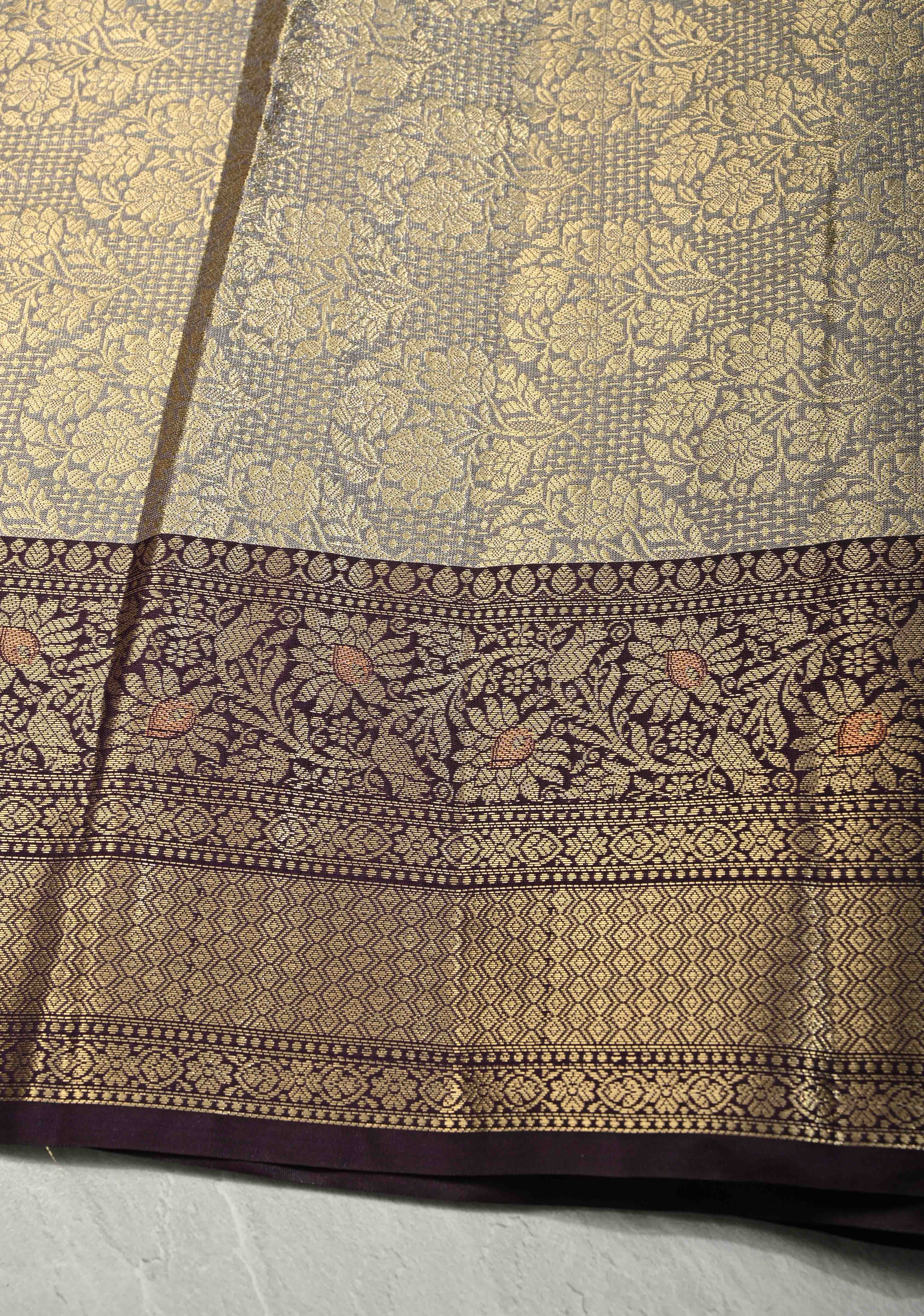 Cream Kanjivaram Tissue Semi Silk Saree with Meenakari Paisley Zari Buttas and Contrast Zari Border | Shobitam