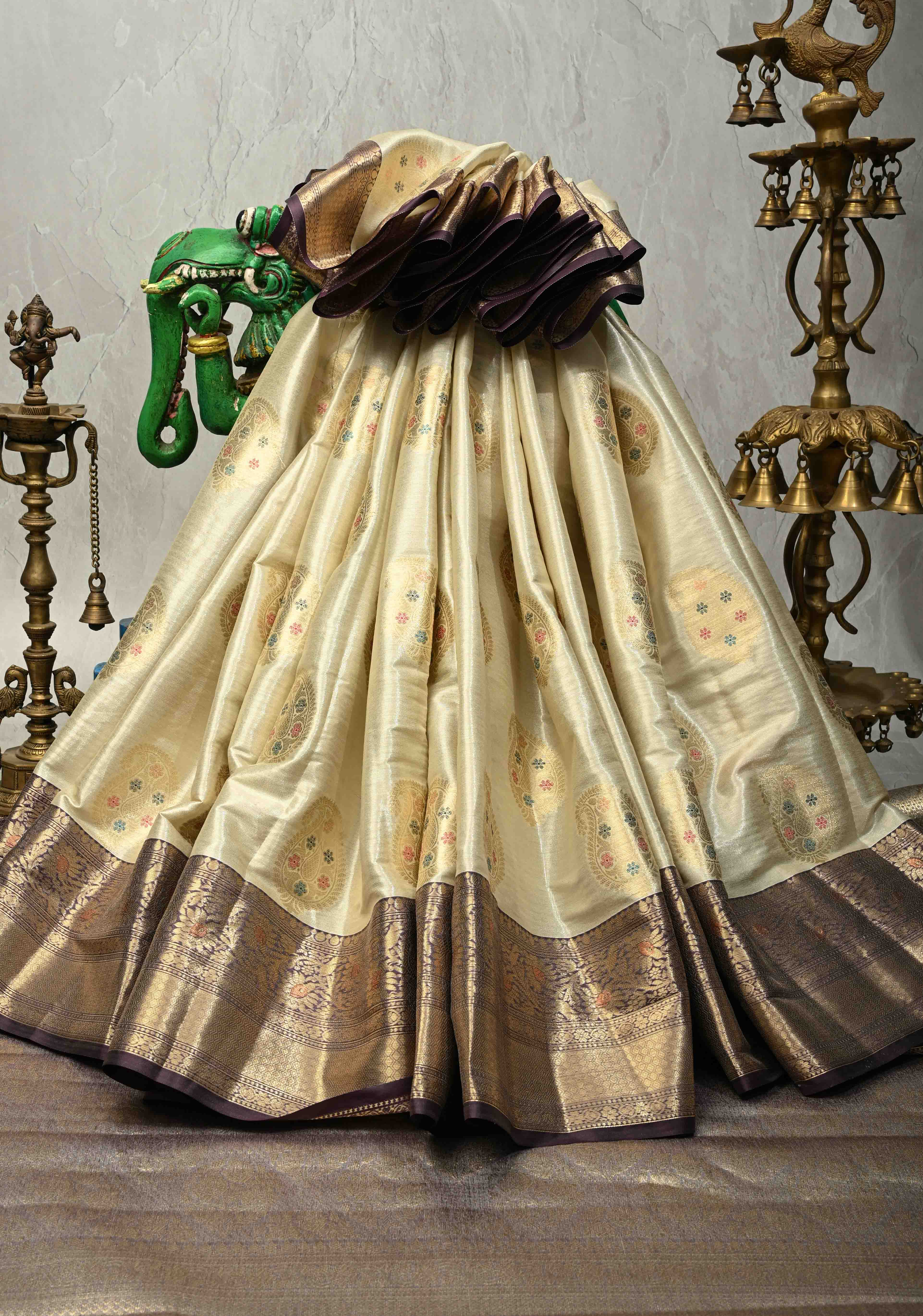 Cream Kanjivaram Tissue Semi Silk Saree with Meenakari Paisley Zari Buttas and Contrast Zari Border | Shobitam