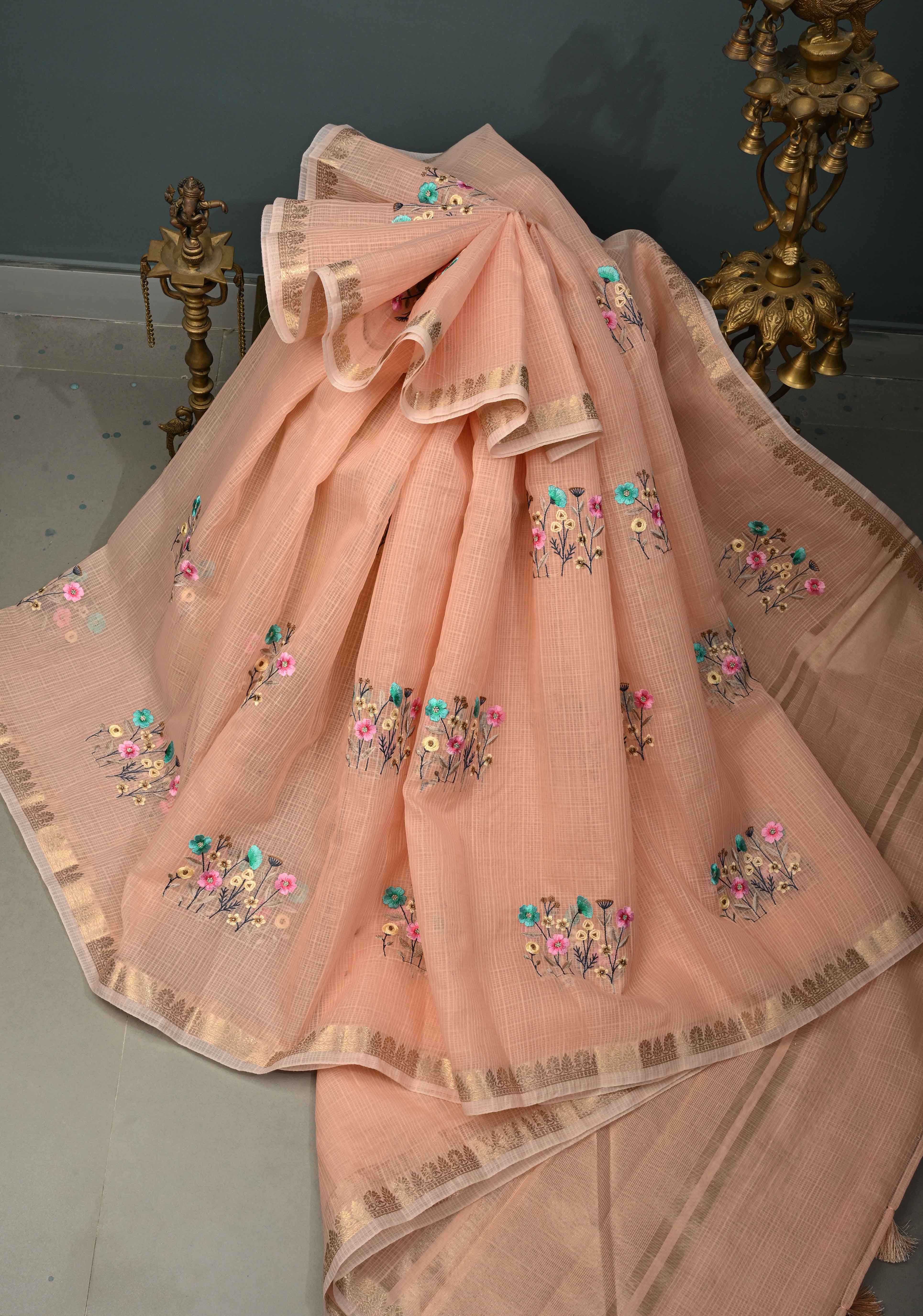 Soft Peach Blush Kota Doria Cotton Saree with Meenakari Floral Machine Embroidery and Minimal Zari Border | Shobitam