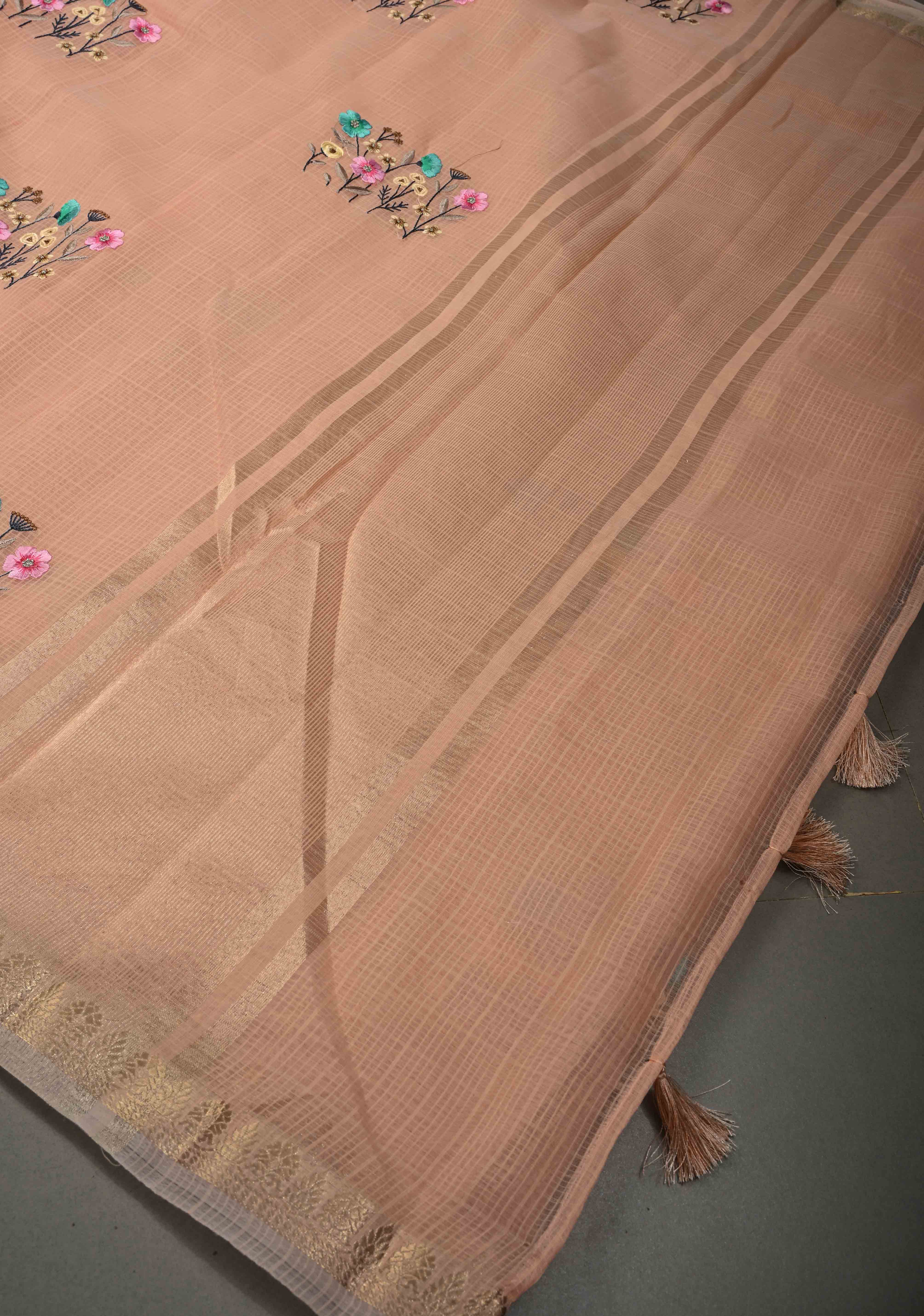 Soft Peach Blush Kota Doria Cotton Saree with Meenakari Floral Machine Embroidery and Minimal Zari Border | Shobitam