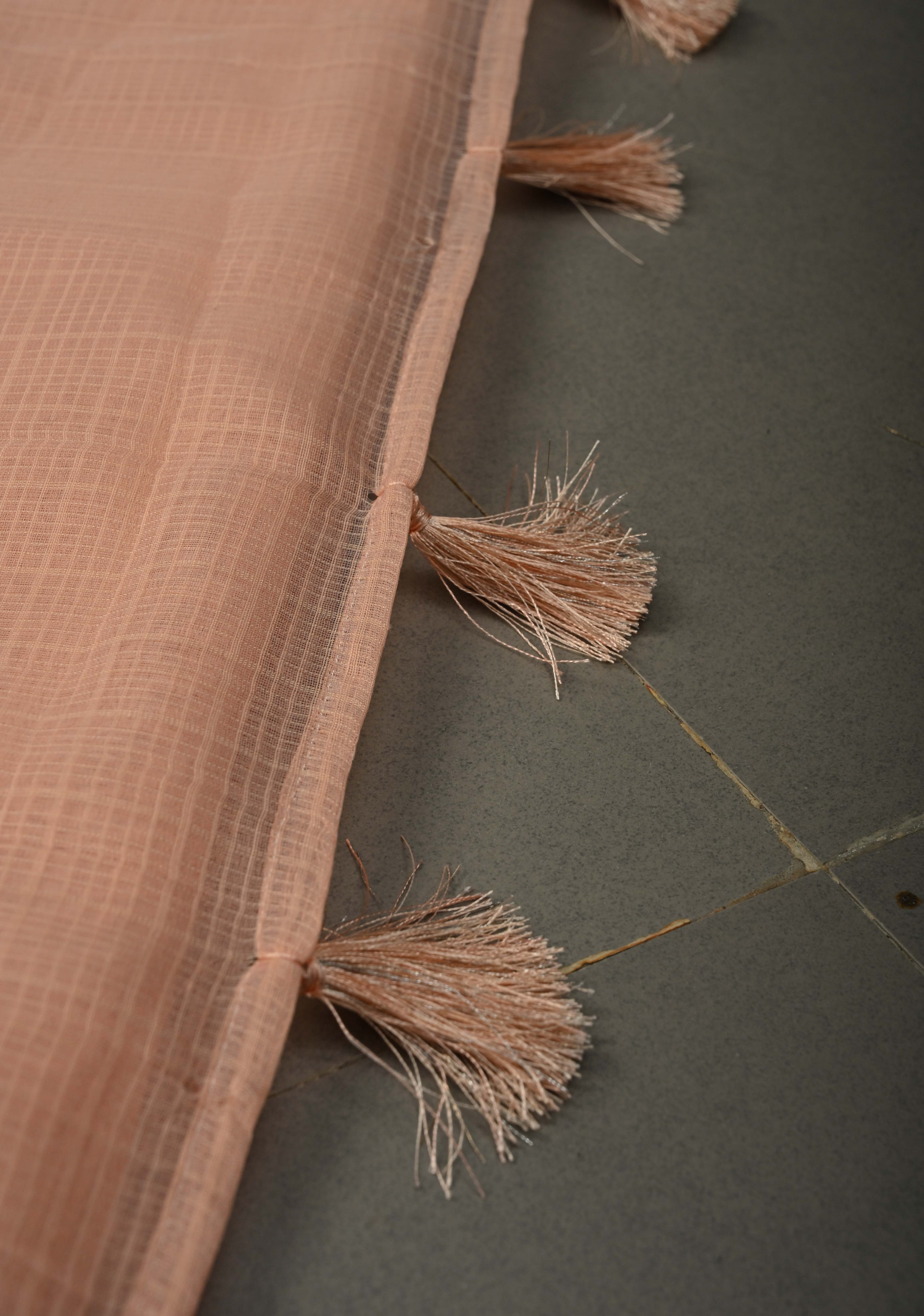 Soft Peach Blush Kota Doria Cotton Saree with Meenakari Floral Machine Embroidery and Minimal Zari Border | Shobitam